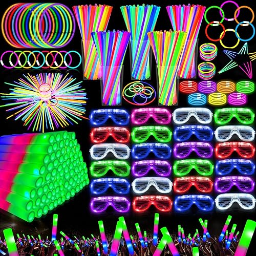 Camlinbo 148 piezas de suministros de fiesta que brillan en la oscuridad, 24 varillas de espuma de 16 pulgadas, 24 lentes LED, 100 collares con