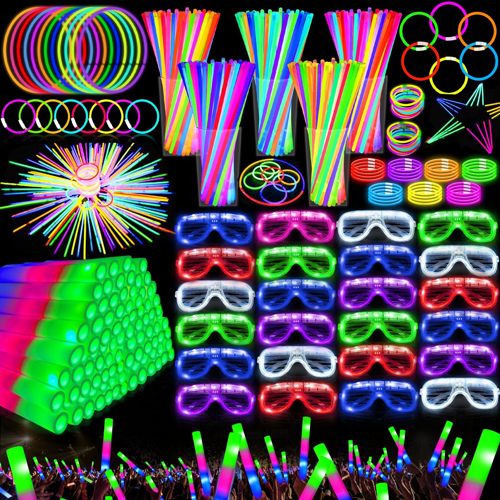 Camlinbo 148 PCS Glow in the Dark Party Supplies- 24 Pcs 12" Foam Glow Sticks, 24 Pcs LED Glasses, 100Pcs Glow Sticks Necklaces Bracelets Light Up Party Favors Pool Wedding Concert Valentines Day
