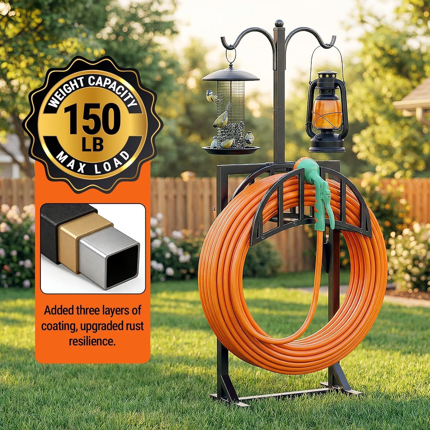 2 Pack Garden Hose Holder, Water Hose Stand for Outside with 4 Stake and 2 Shepherds Hooks, Freestanding Hose Storage Holds 150Ft, Heavy-Duty Metal Hose Hanger Rack for Yard, Lawn, Farm image 4