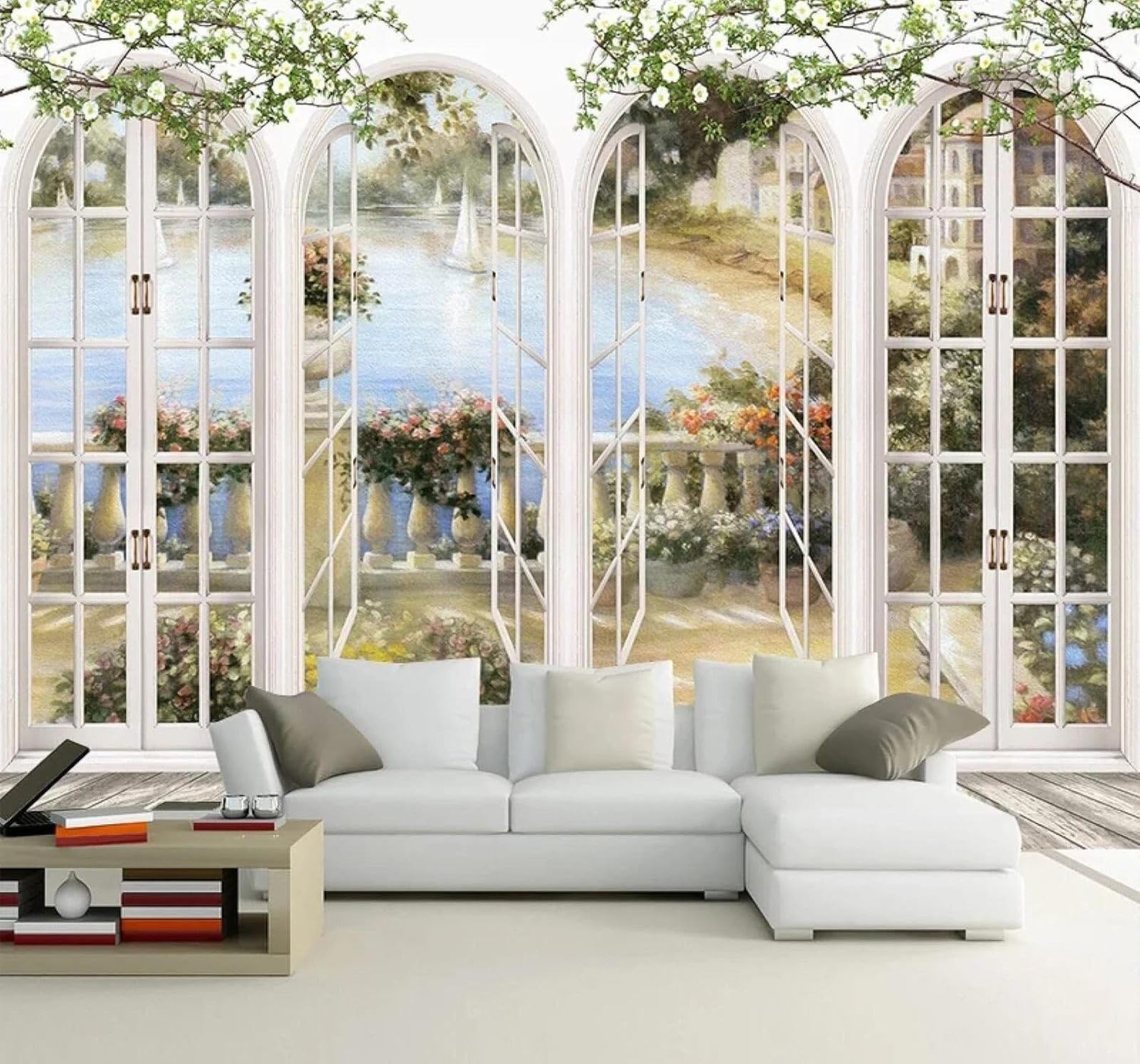 XLMING Minimalism Archway Window Flowers Seascape 3D Wallpaper Luxury Home Dining Decor Paste Sofa Living Room The Wall for Bedroom Mural-250cm×170cm