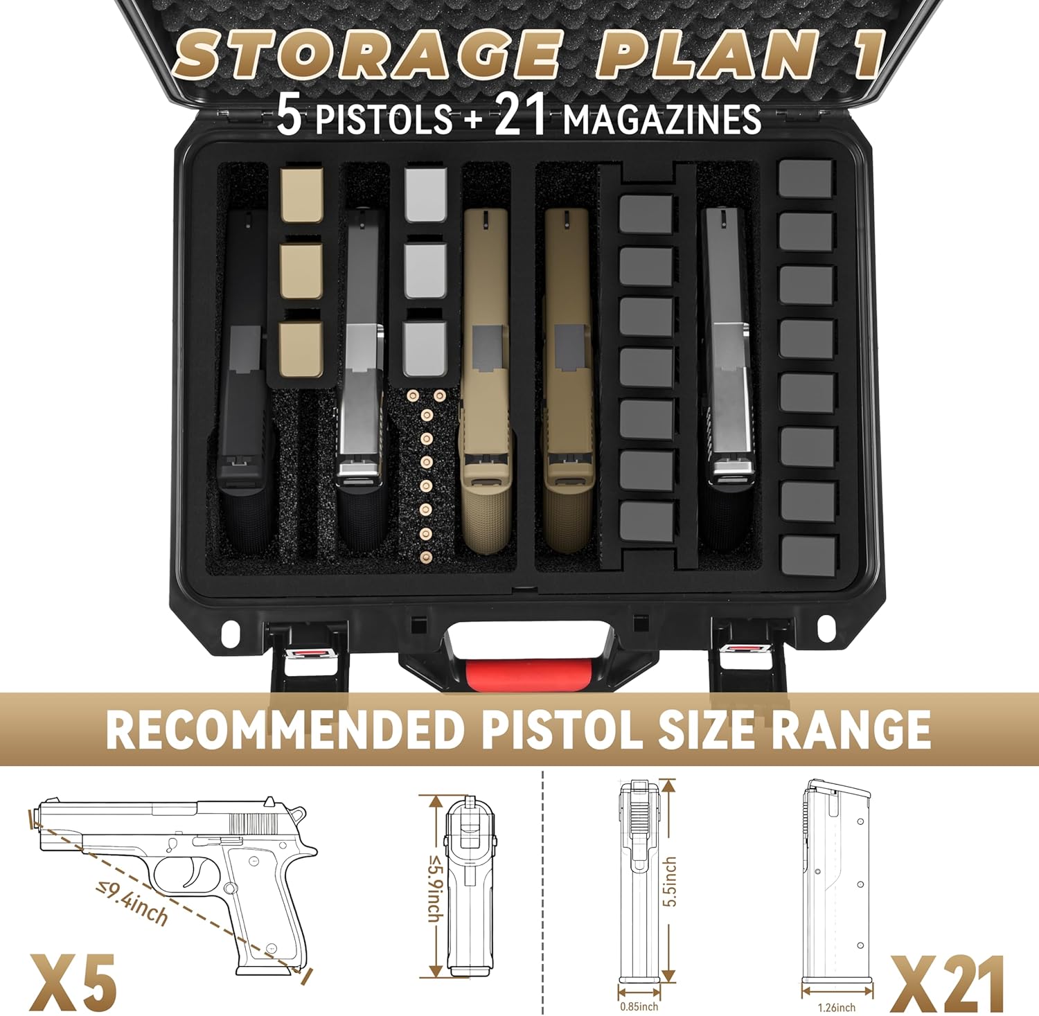 Multiple Gun Case Lockable for 5 Handguns, TSA Approved Travel Pistol Case with 2 TSA Locks, Heavy-Duty Waterproof Hard Shell Pistol Case with Silica Gel Canister, for Home & Travel
