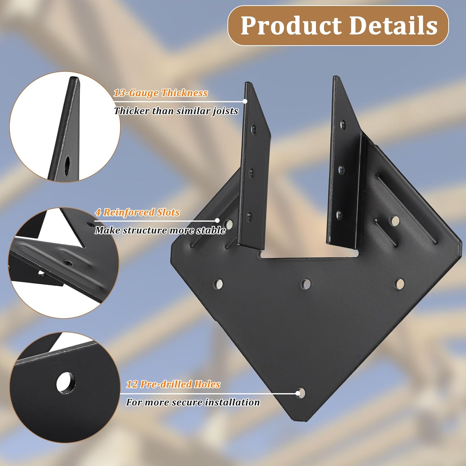 50 PCS Joist Hanger 2x6, 13-Gauge Heavy Duty Hurricane Ties, Hot Dip Galvanized Rafter Ties, Hurricane Straps for 2x4 Deck Joist, Robust Black Pergolas Brackets (2.2mm Thickness)