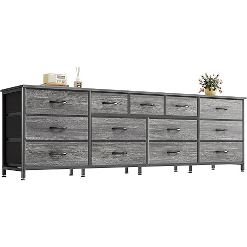 Huuger 70 Inch Dresser for Bedroom, TV Stand for 65, 75, 80 Inch TV, 13 Fabric Drawer Long Dresser, Large Entertainment Center for Bedroom, Wide Chest of Drawer with Storage, Grey