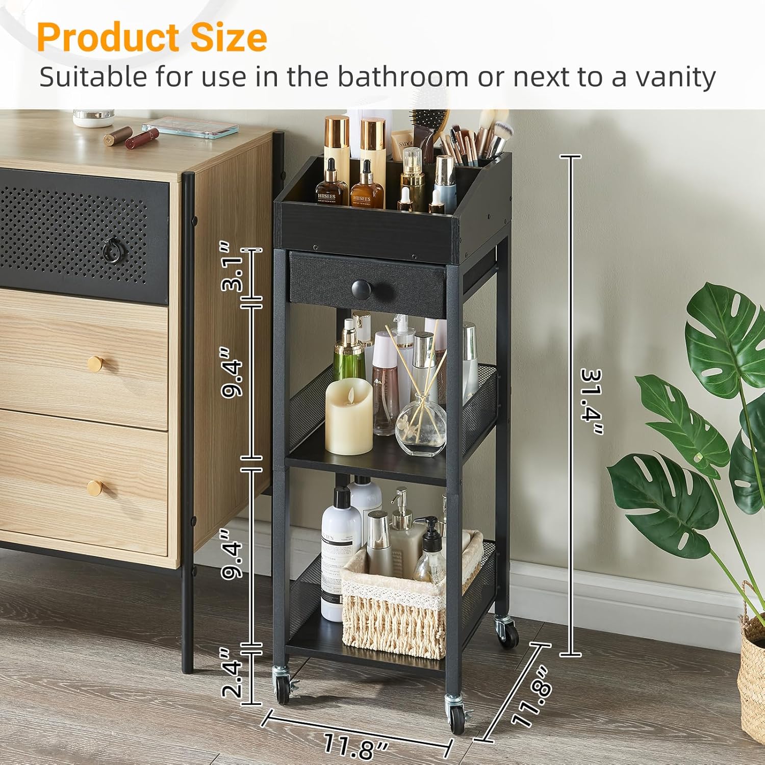 Makeup Organizer Cart,3 Tier Floor Make up Storage Stand with Drawer, Free Standing Skincare Cosmetic Display Holder with Wheels for Vanity Bedroom Dresser Bathroom(Black)