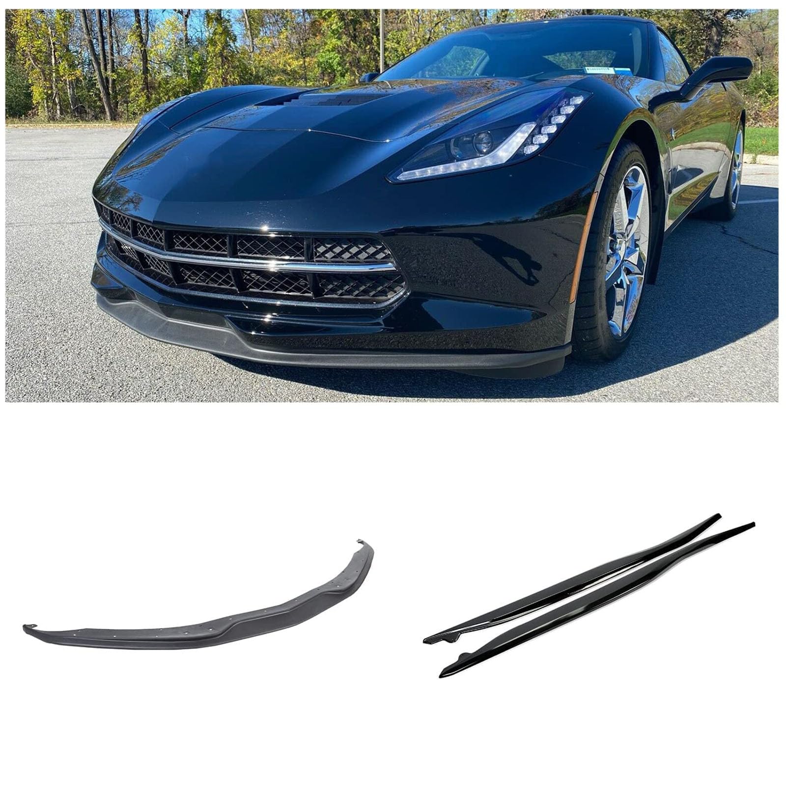 ECOTRIC Front Bumper Lip & Side Skirts Compatible with 2014-2019 Chevy Chevrolet Chevrolet C7 Z06 & Grand Sport Replacement for 22922352 Lower Spoiler Splitter Lip Rocker Panels - 2 Packages