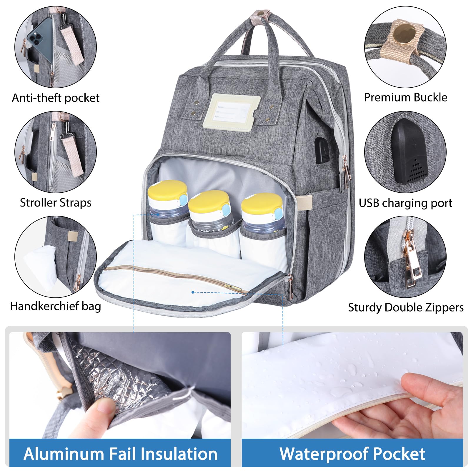 Ohotter Borsa Zaino Fasciatoio, Zaino Mamma Grande con Lettino Pieghevole, Materassino Fasciatoio, Cinghie per Passeggini, Tasche Isolanti Bottiglia, Zaino per il Cambio Unisex per Mamme e Papà