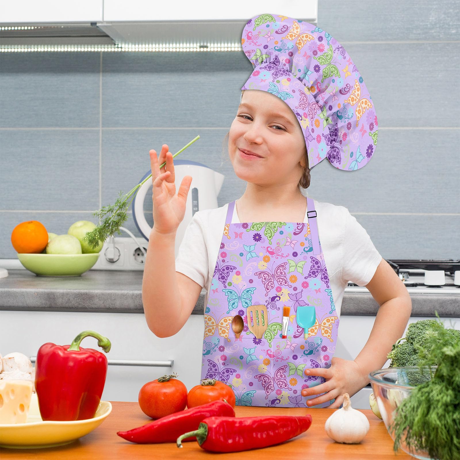 HKKDKTA Kids Chef Hat and Apron Set with 2 Large Pockets Girls Boys Adjustable Chef Costume Kids Aprons for Cooking Baking