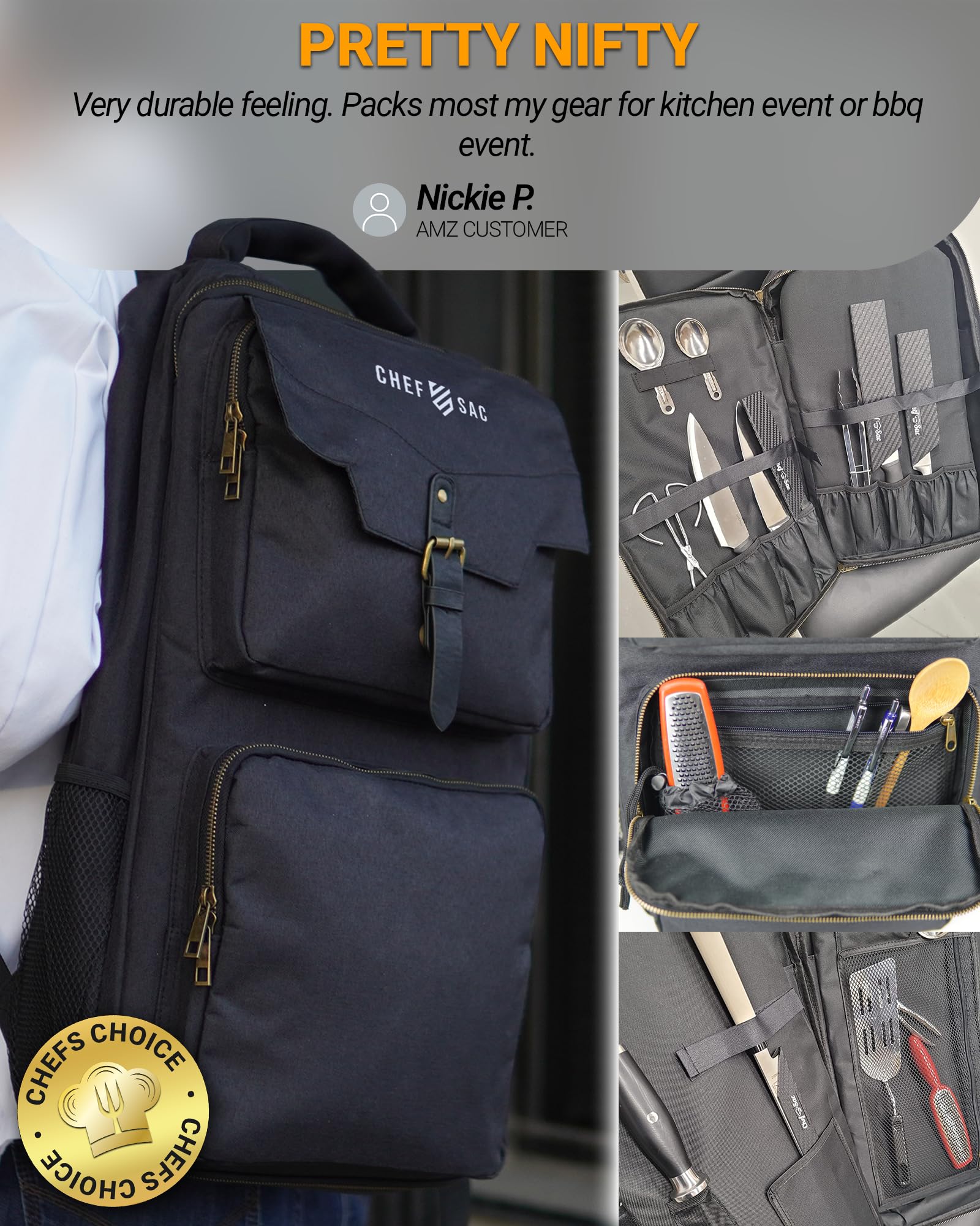 Chef Knife Backpack TRAVELLER - Patented Knife Retention Panels with Hook-and-Loop, Water Resistant 900D Polyester Canvas, YKK Zippers, Work Bag for Chefs & Culinary Students (Black) — Amazon image 7