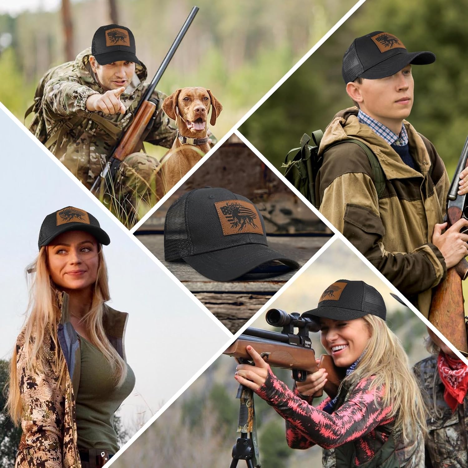 Hunting Deer Hat, Snapback Trucker Hats Leather Patch Mesh Baseball Cap Hunter Gifts for Men Dad Grandpa - Image 6