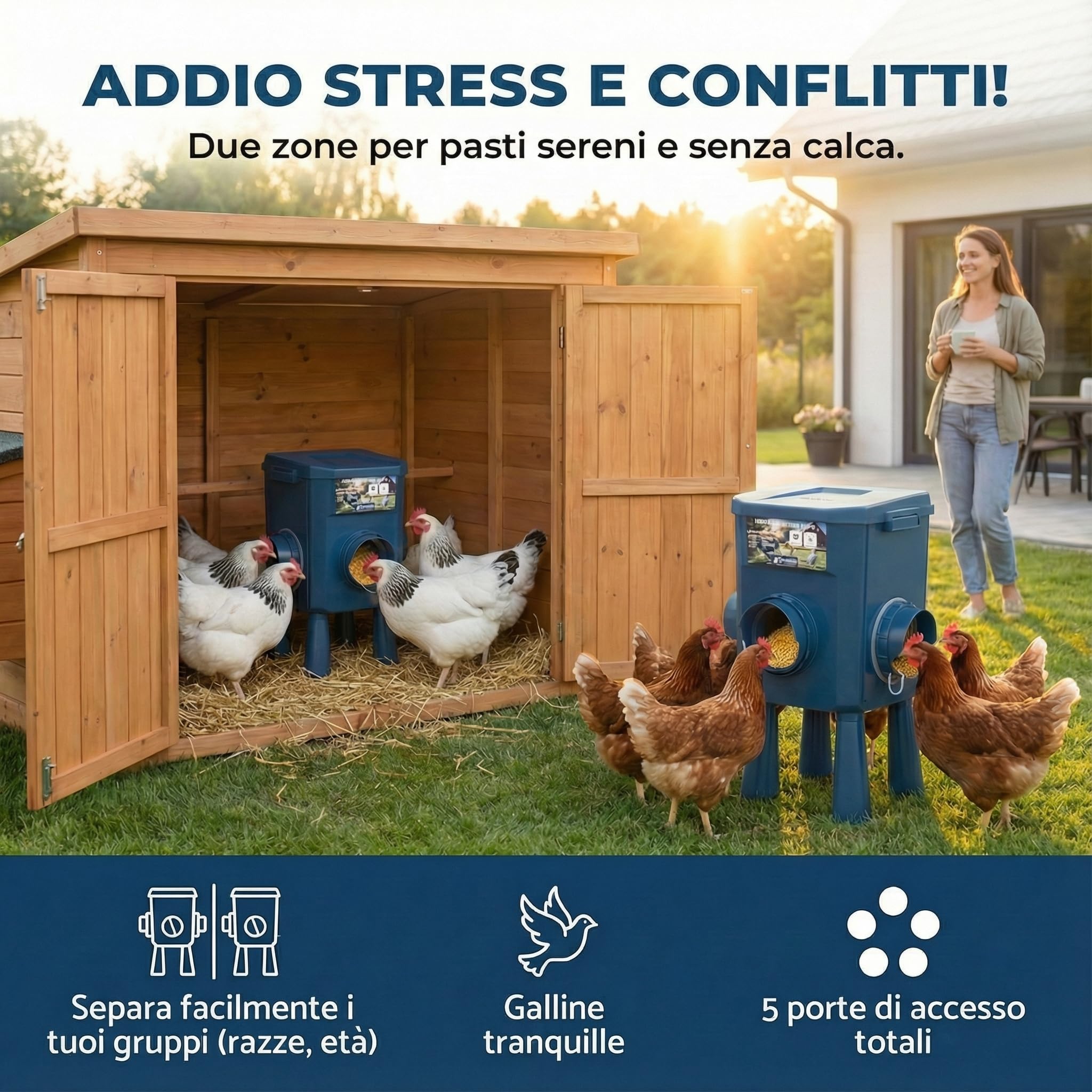 Mangiatoia per Galline 12 kg, 8 kg – Kit 2 Pezzi, Anti-spreco, 5 Porte anti-parassiti, Multi-recinti, Coperchio antipioggia, Ideale per Micro-fattorie e Allevatori amatoriali, Materiali Resistenti