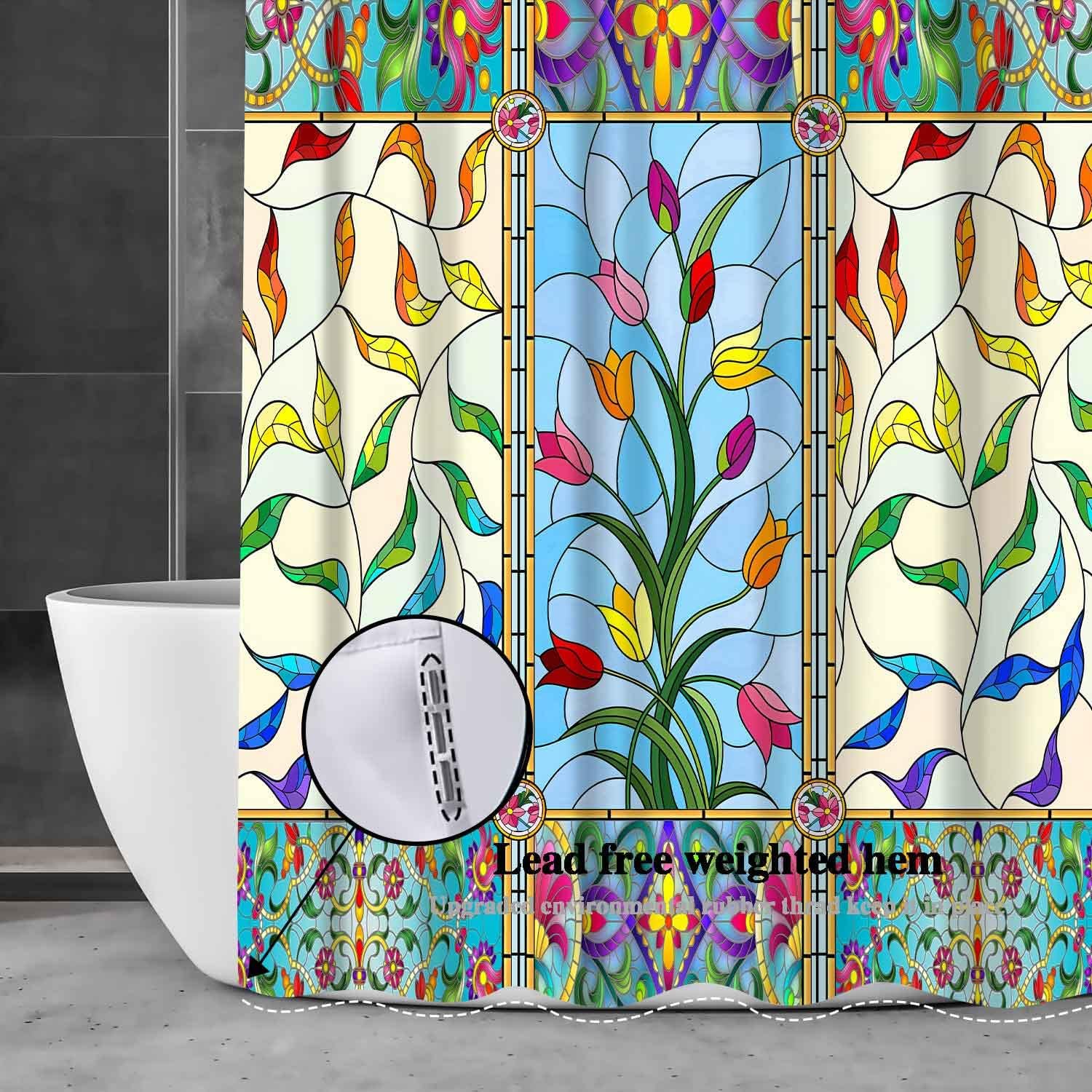 Stained Glass Window Shower Curtain, Antique Style Ornate Symmetric Tulip Floral Leaves Tile Fractal Pattern Decor, Abstract Polyester Home Hotel Apartment Bathroom Curtains YLDWNT211
