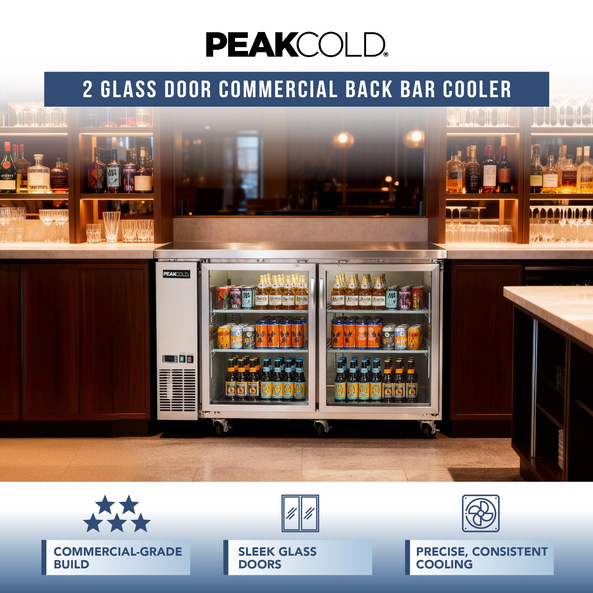Peakcold 2-Door Counter Height Beverage Refrigerator - 61" Wide Energy Efficient Stainless Steel Beer Fridge With Glass Doors & White LED Lighting - Commercial Back Bar Cooler on Fridge.com - View 2