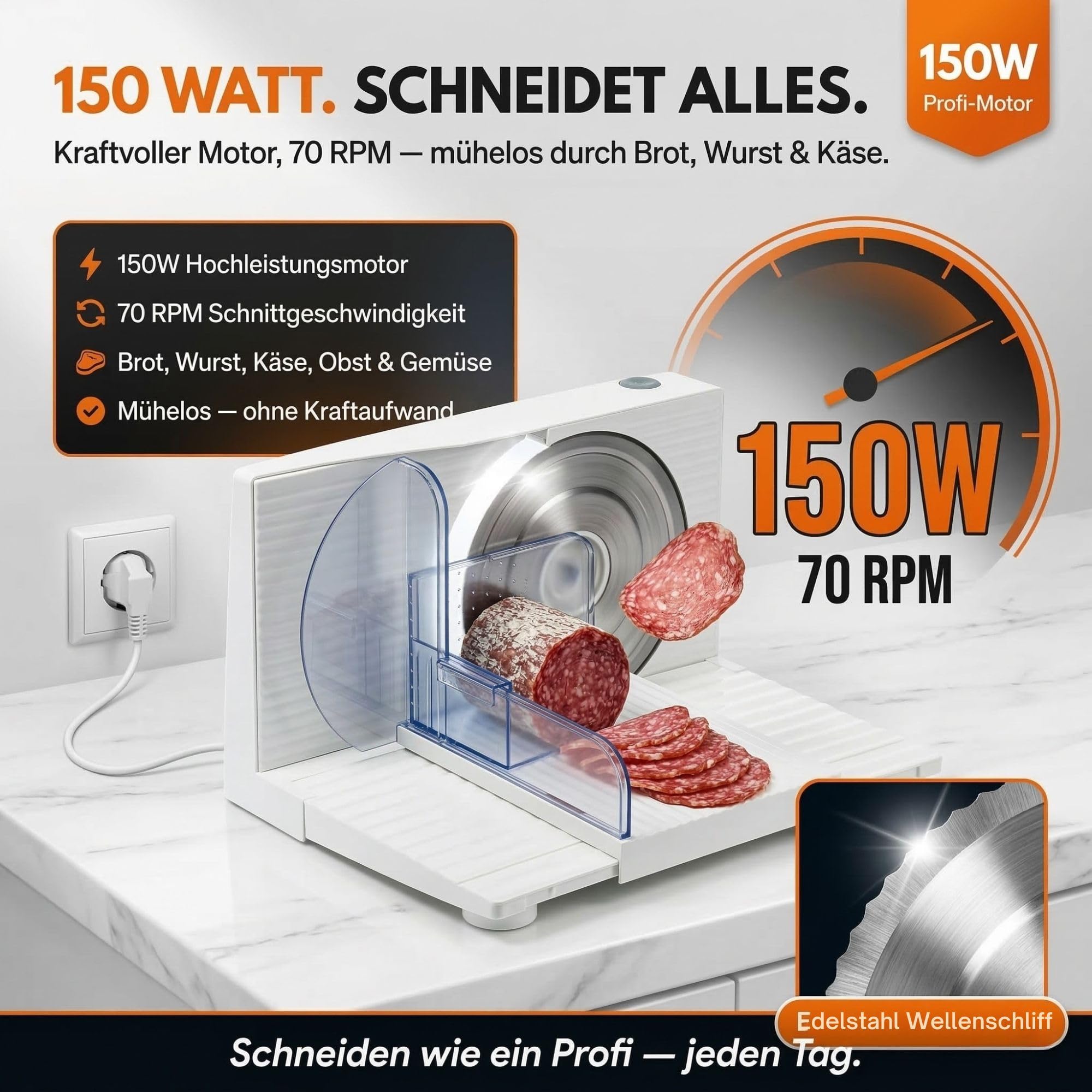 Sommertal Allesschneider AS170 150W Edelstahlmesser klappbar elektrische Brotschneidemaschine weiß 0-15mm