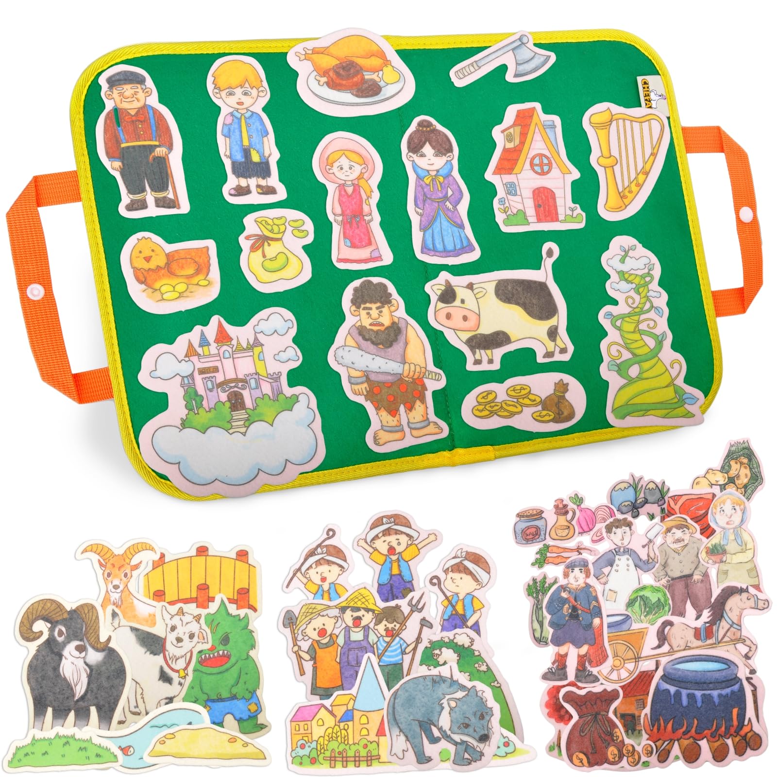 CHEFANFelt/Flannel Board Story Set of 4, PRECUT Felt Pieces for Preschool Toddlers, Stone Soup, The Three Billy Goats Gruff, Jack and Beanstalk, The Boy Who Cried Wolf