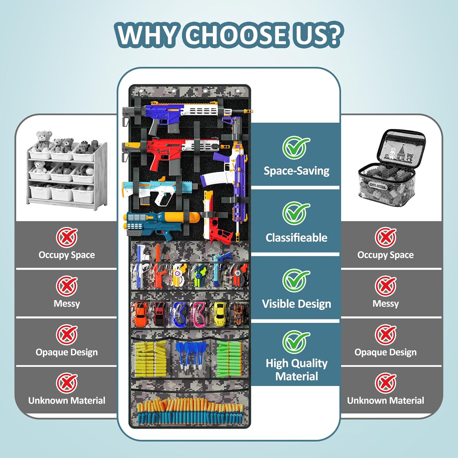 Over The Door Organizer for Toy Guns, Toys Organizer with Pockets, Hook&Loop Straps for Foam Blasters, Darts, Goggles, Hanging Toys Gun Storage for Kid Rooms, Play rooms, Grey Camouflage