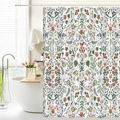 Vista 29 de Tititex Cortina de ducha de lino sintético de 4.94 oz/m², diseño floral azul con hojas doradas con flores, decoración de baño, juego de cortinas