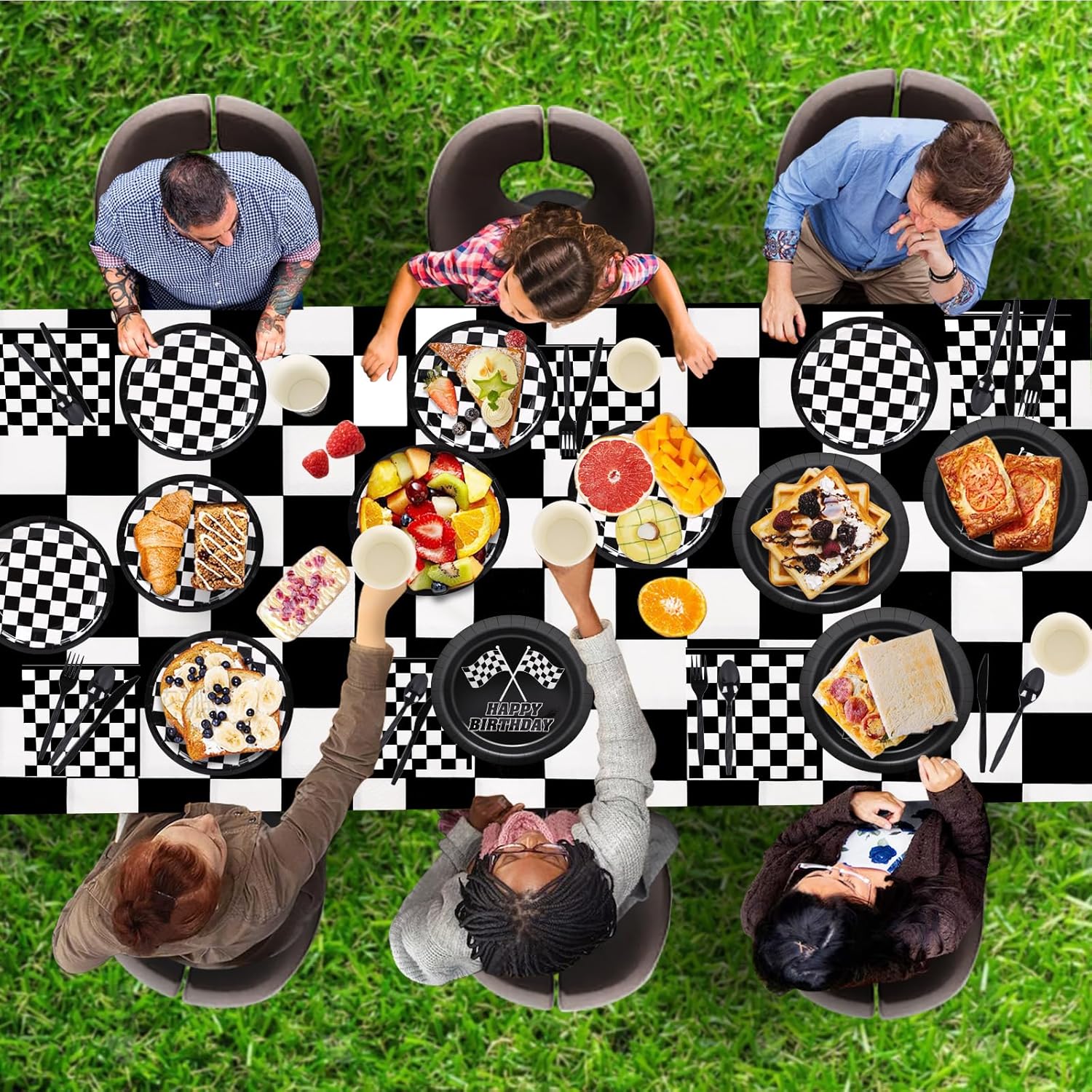 Racing Car Party Supplies 170 Pieces Disposable Party Dinnerware - Black and White Banners Tablecloth Paper Plates Napkins Cups Forks Knives Spoons for Kids Birthday Decorations Serve 24 - Image 7