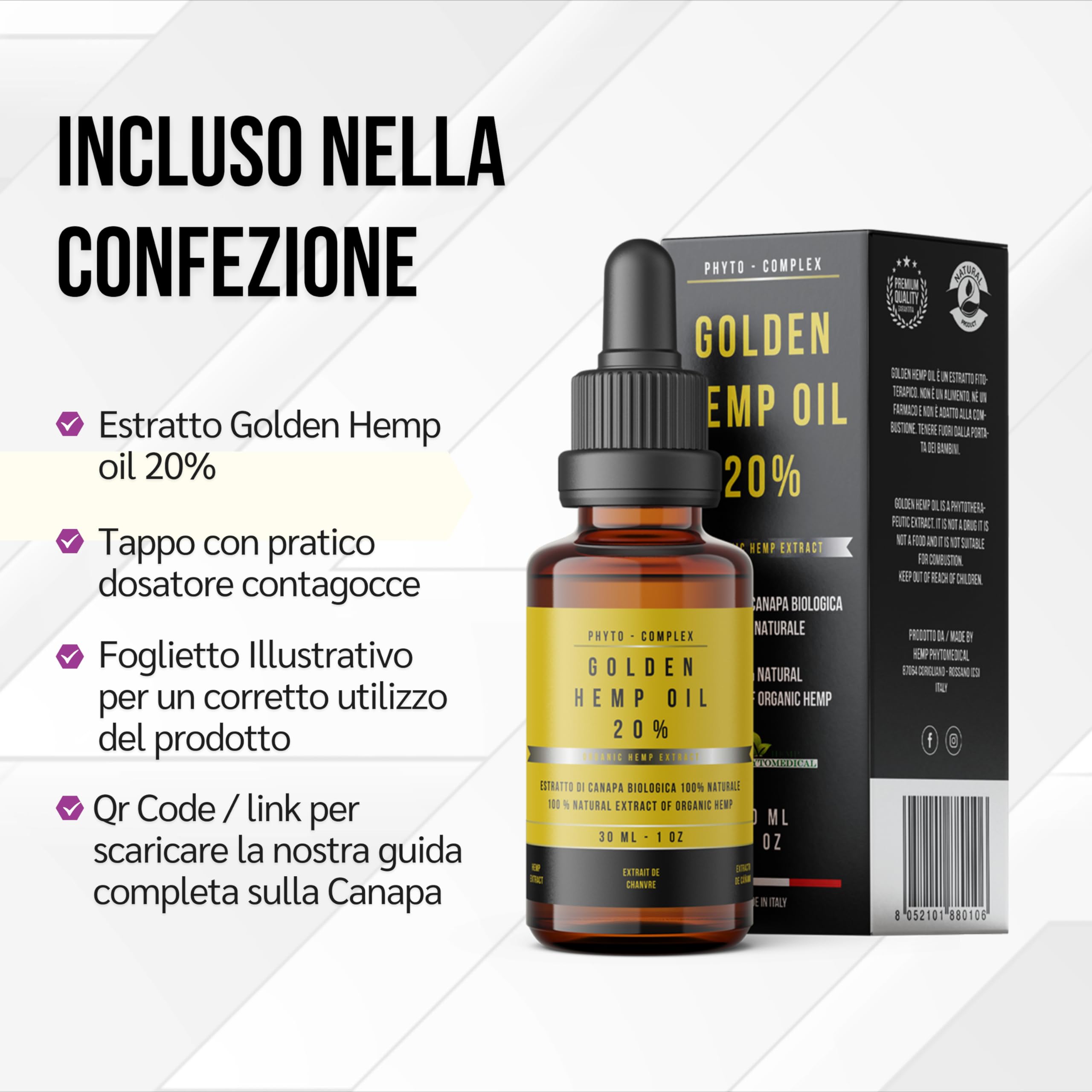 HEMP PHYTOMEDICAL Golden Hemp Oil 20% Olio di Canapa Certificato, 30 ml | Alta Concentrazione, Made in Italy