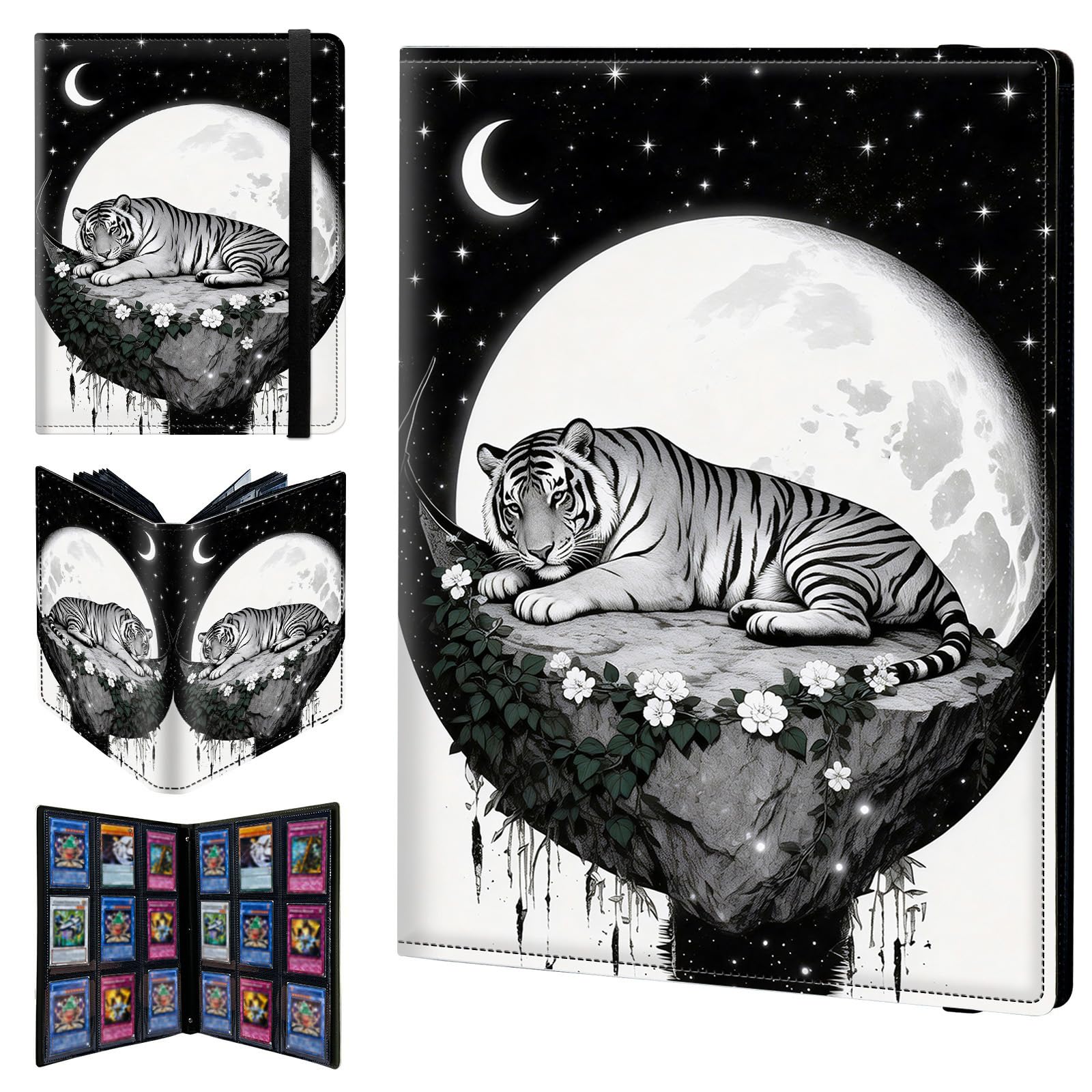 9 Pocket Trading Card Binder 540 Side Loading Pocket Album with Moon Tiger Flowers Pattern Design Card Binder for Sports Cards & Game Cards