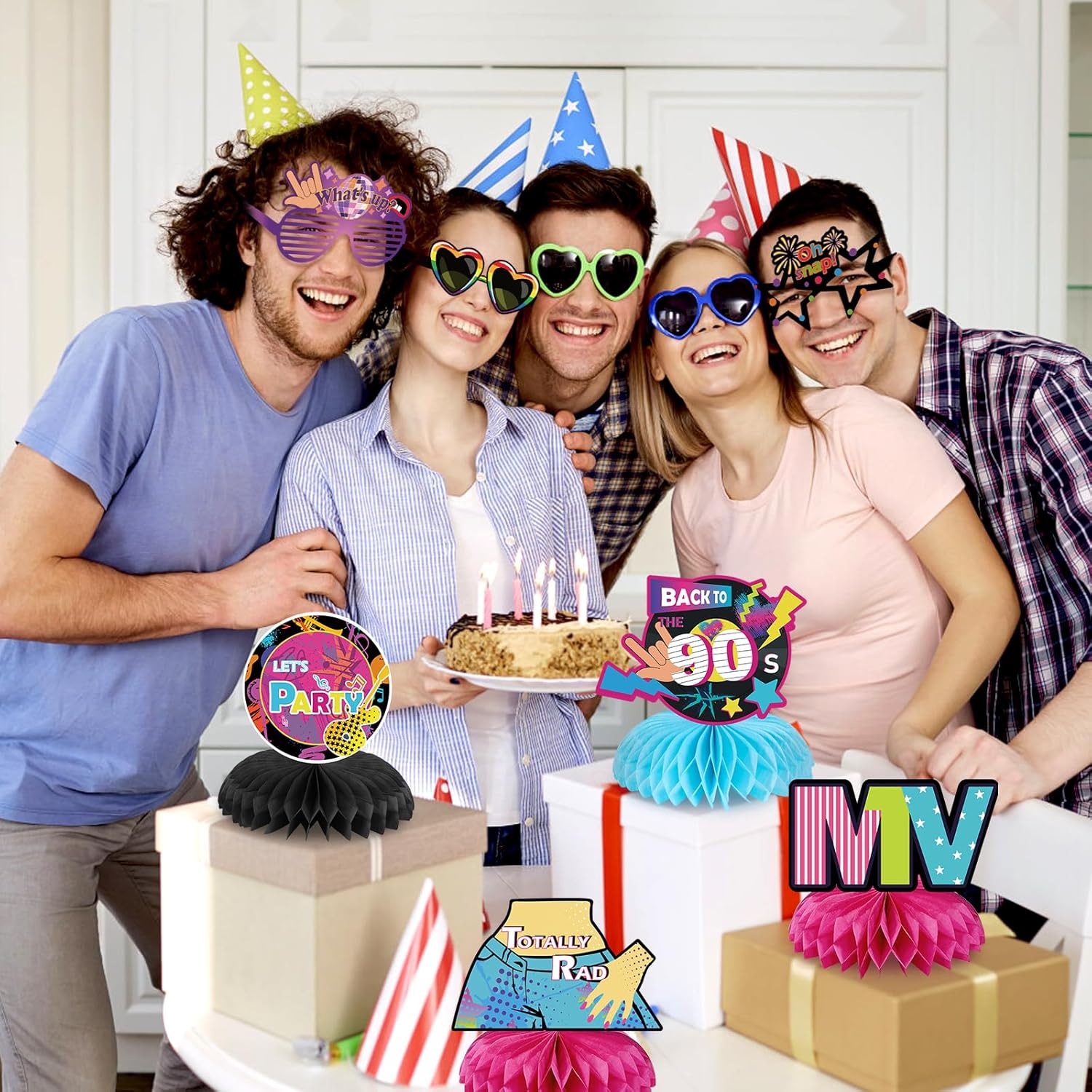 Qpout 9 PCS 90's Honeycomb Centerpieces 90s Theme Party Decorations 1990 Hip Hop Birthday Party Table Decorations 90s Centerpieces for Tables 90s Theme Party Favors 90s Retro Party Decor