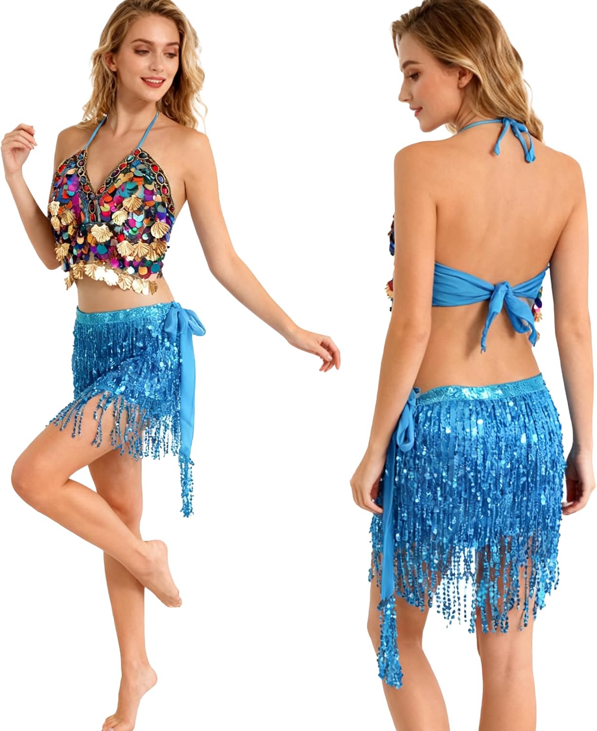 Wuchieal Sequin Halter Bra Tops Salsa Belly Dance Boho Festival Clubbing Tribal Bra Gold Shell Top - Image 2