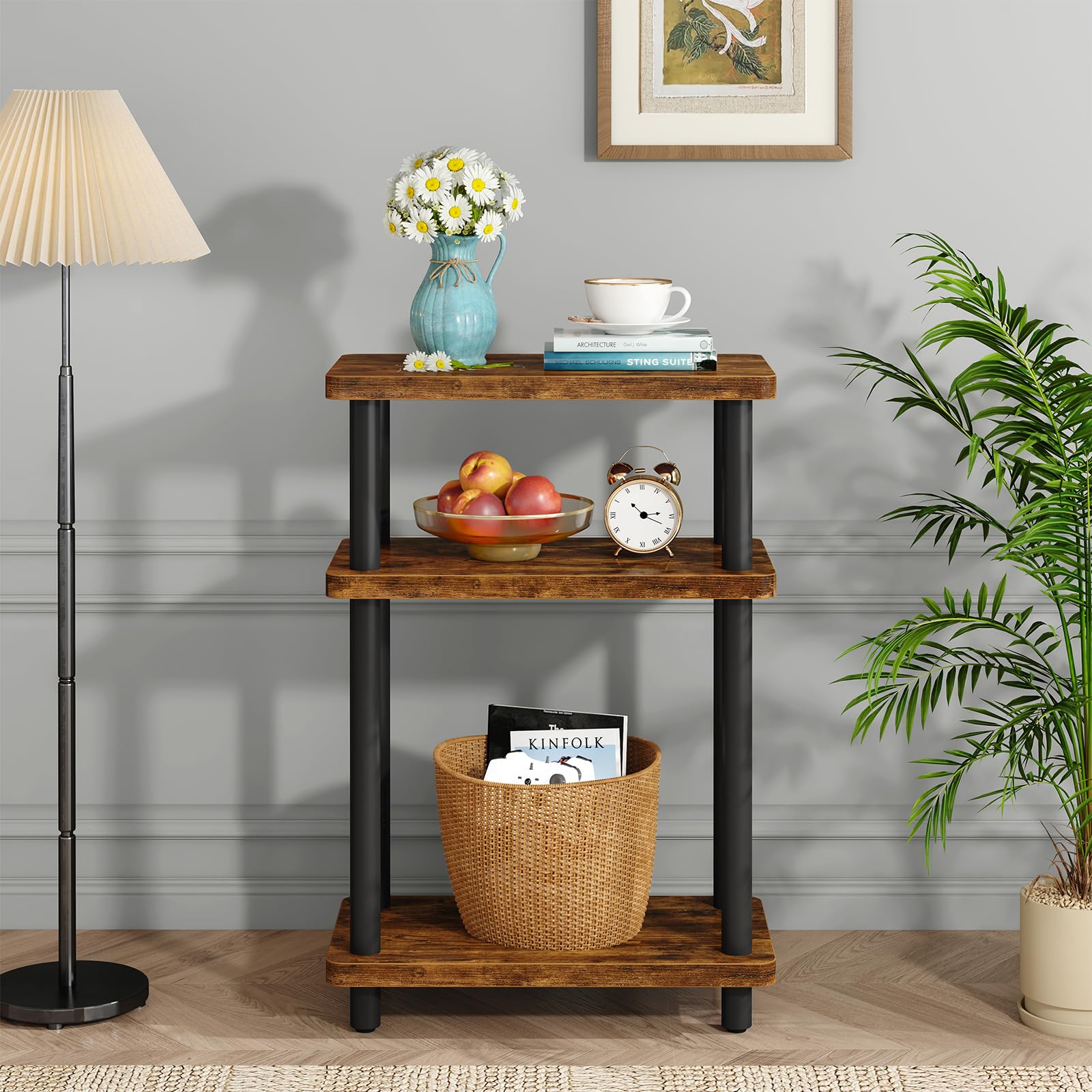 IBUYKE Tavolino da Salotto con 3 Ripiani,Tavolino Divano,Marrone WST009H | 40 x 18 x 62.5 cm,Comodino Sottile per Soggiorno,Camera da Letto, Ufficio, Montaggio Senza Attrezzi