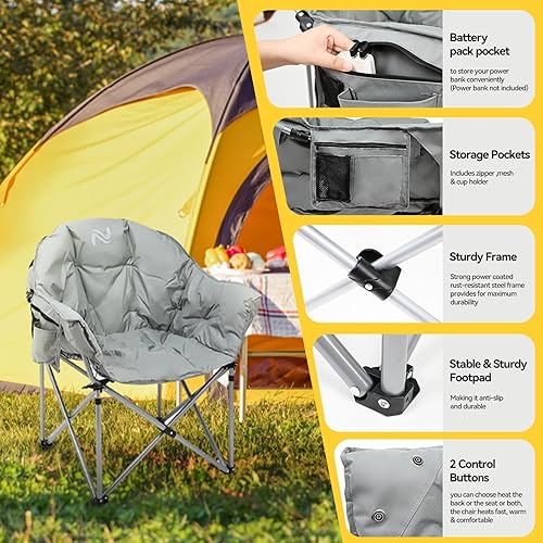 Vista 4 de NAIZEA Silla de camping con calefacción, sillas térmicas de gran tamaño con 3 niveles de calor, sillas plegables portátiles con calefacción, silla