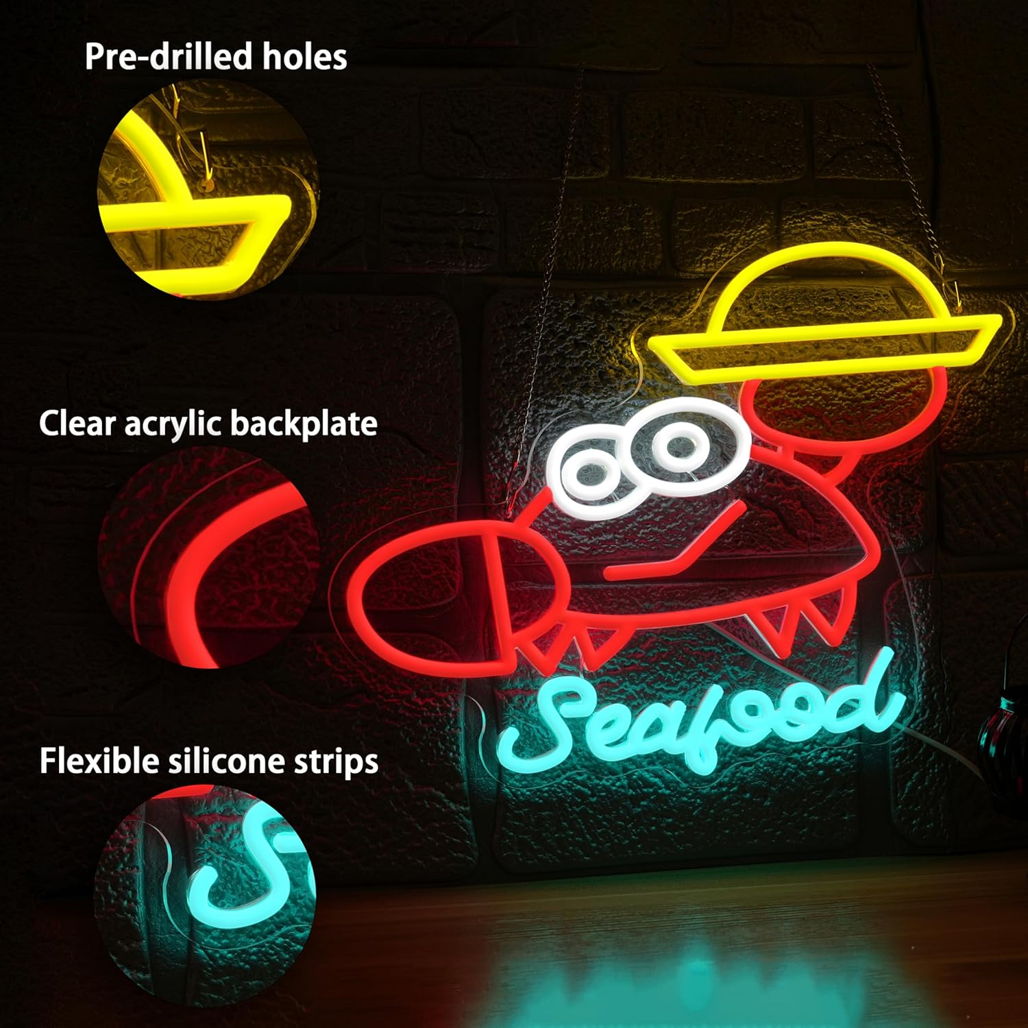 Seafood Neon Sign Dimmable Crab Neon Light Marine Animals Light Sign for Seafood Restaurant Aquarium Kitchen Outdoor Food Party(12.6 * 16.54In)