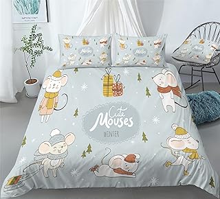 REALIN Christmas Mouse Print Bedding Mouse Receiving Gifts Print Duvet Cover Set Girl Boy Kids Bed Sets 2/3/4PCS Quilt Covers/Sheets/Pillow Shams,Twin/Full/Queen/King (B,Full-200x229cm-3PCS)