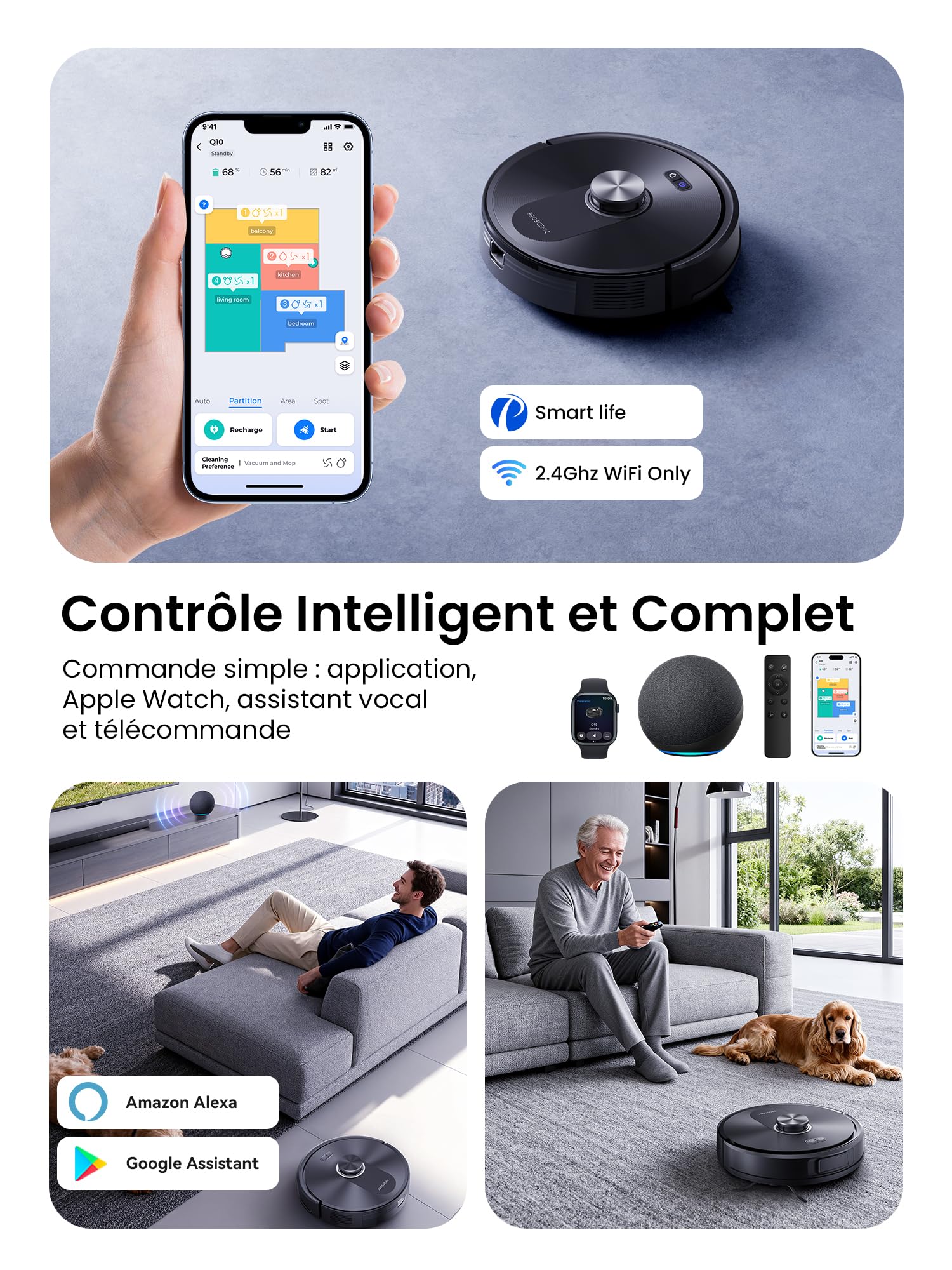 Proscenic Q10+ Aspirateur Robot,8000Pa 200Mins Robot Aspirateur Laveur avec Serpillière,Navigation Lidar,Multi-étage Cartographie,Évitement d'obstacles,Silencieux,pour Poils Animaux Tapis Sols Durs