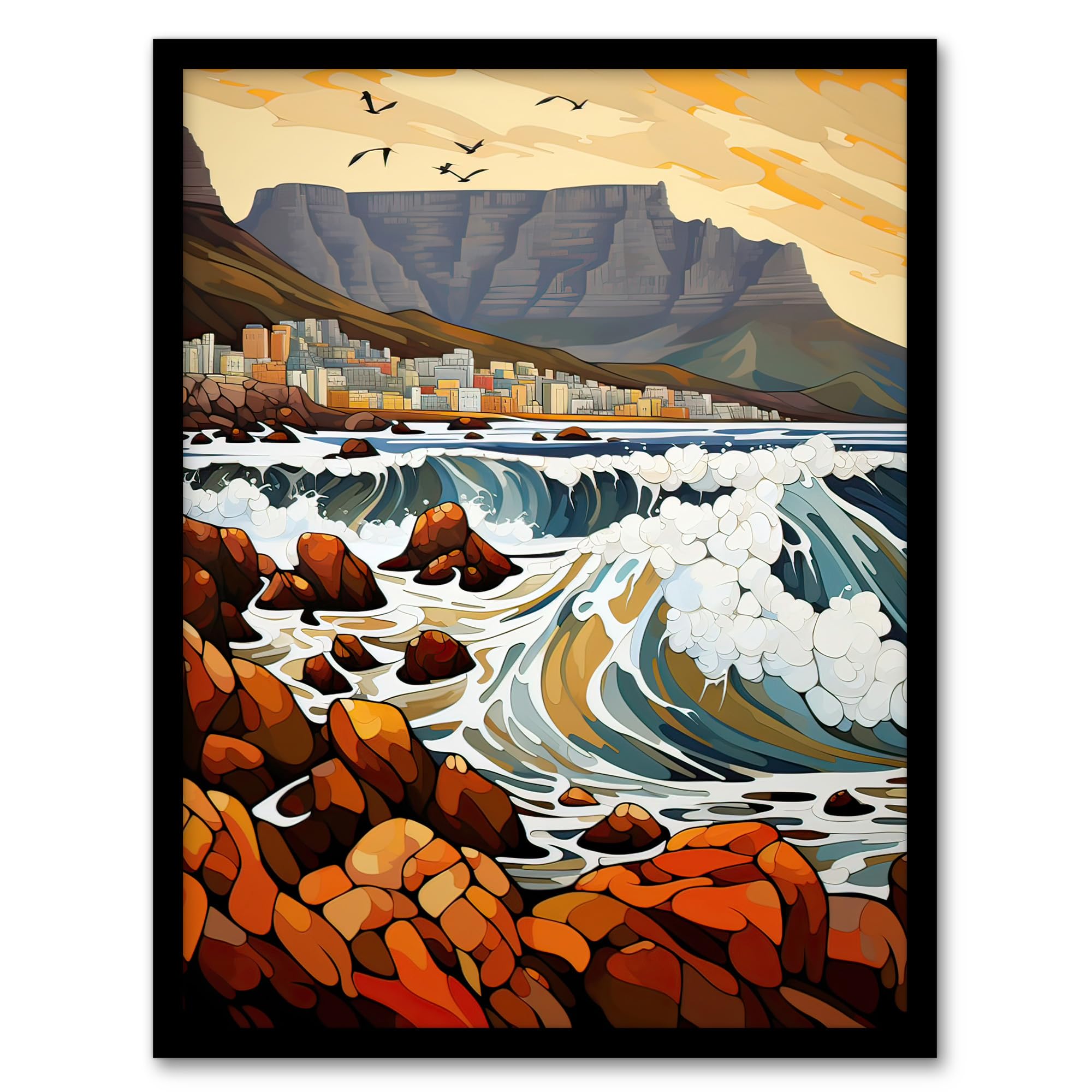 Artery8 Cape Town Cityscape under Table Mountain Stylised Painting Crashing Waves in Coastal Landscape Artwork Framed Wall Art Print A4