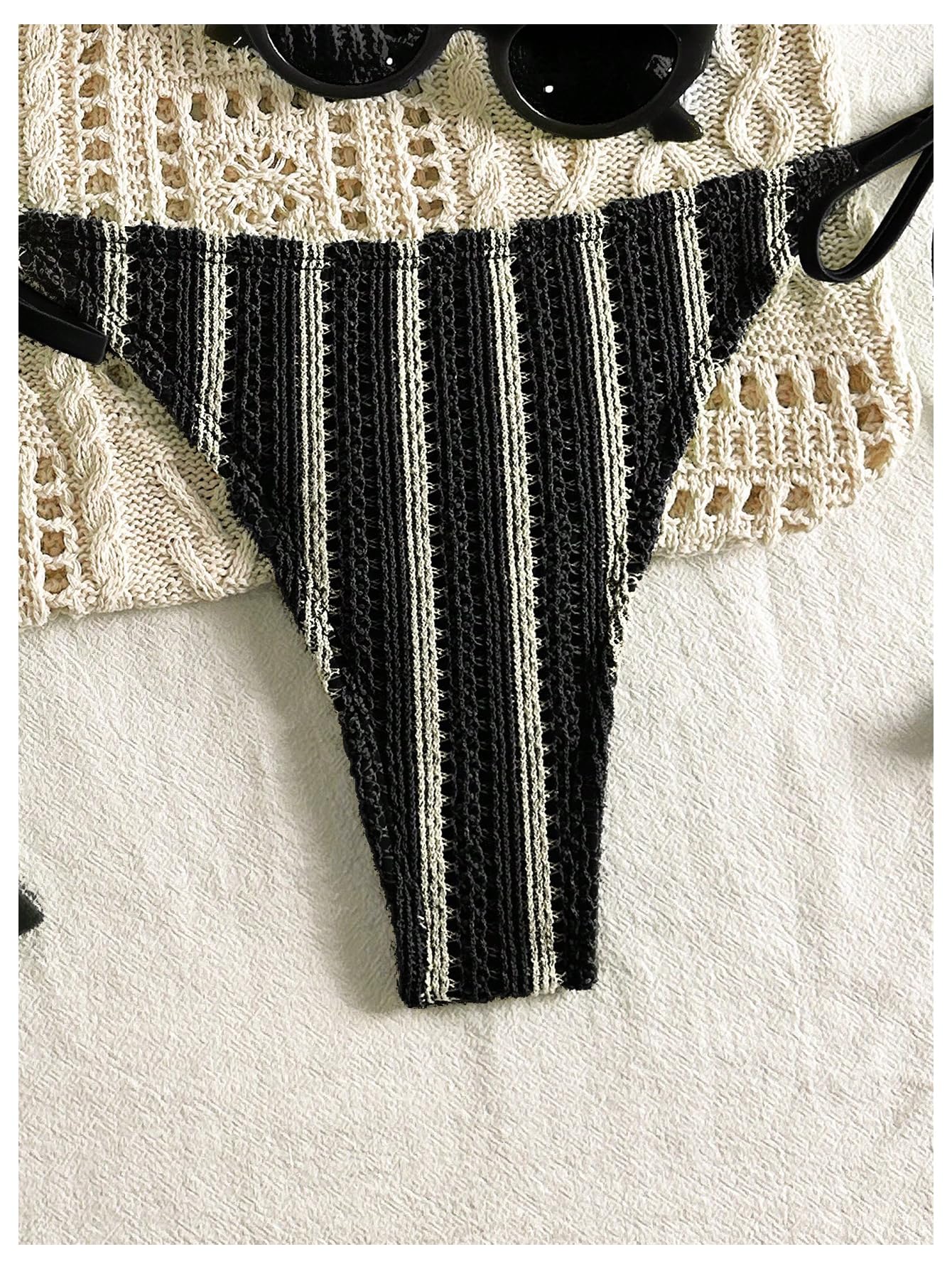 Traje De Baño 2 Piezas Crochet A Rayas for Mujer Conjunto Bikini Tanga Triangular Corte Alto Azul Grande