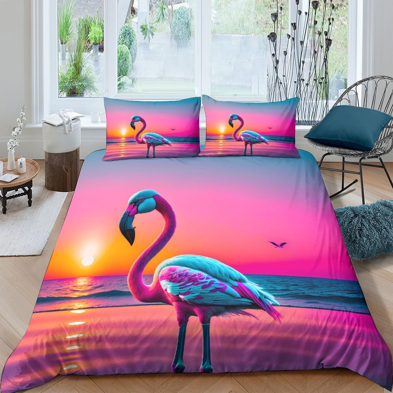 GPLZQXKJNH 3D Printed Sunset Beach Flamingo Duvet Cover Microfiber Soft Breathable Ocean Sunrise Bedding Set with 2 Pillowcases for Bedroom Decor Single（135x200cm）