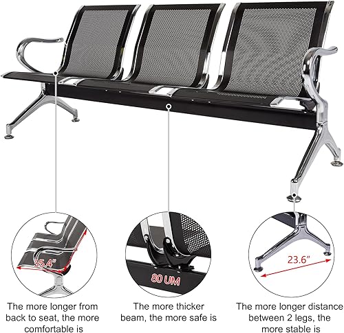 Miniatura 4 de FIZZEEY Sillas de recepción para sala de espera - Muebles de banco para sala de espera con reposabrazos para hospital, banco, aeropuerto, color negro