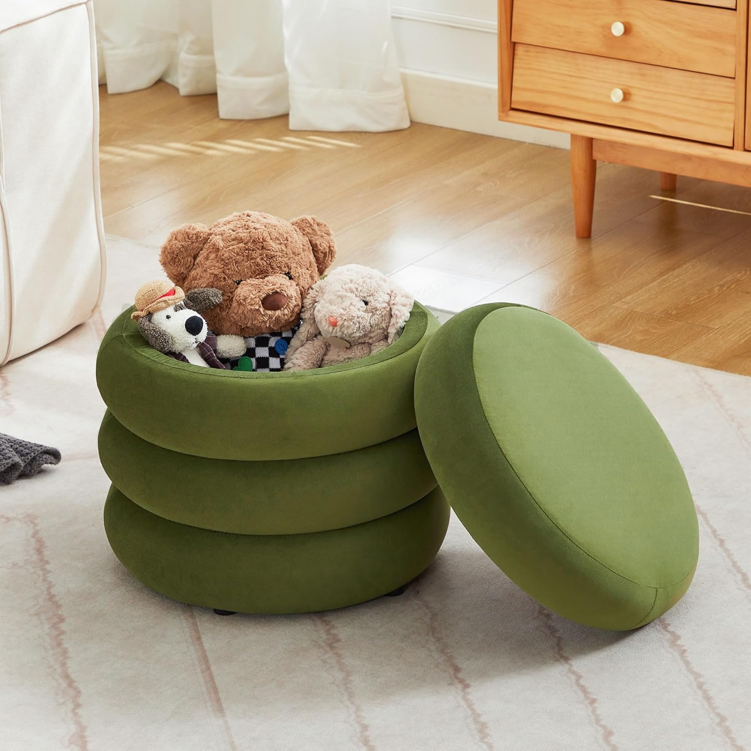 20.1 Inch Round Storage Ottoman, Modern Velvet Ottoman Coffee Table with Removable Top, Green Vanity Stool with Storage for Bedroom, Living Room, Dorm, Set of 1