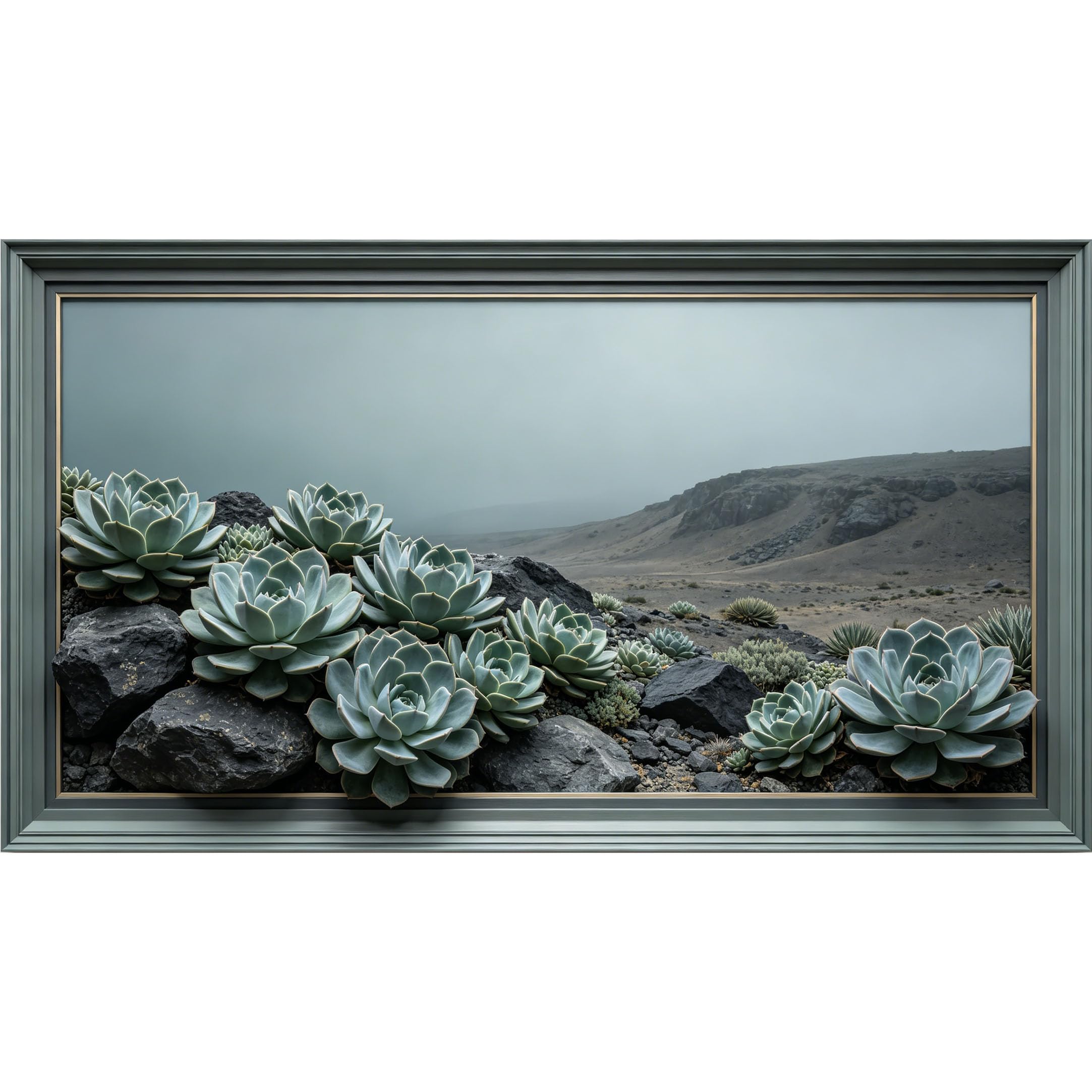 QZLITHOTIC 50×90cm3D Framed Wall Art， Desert Succulent Stone Landscape Botanical Self?Adhesive Mural， Water?Activated Peel & Stick Fabric Decor Wall Decal for Bedroom Living Room