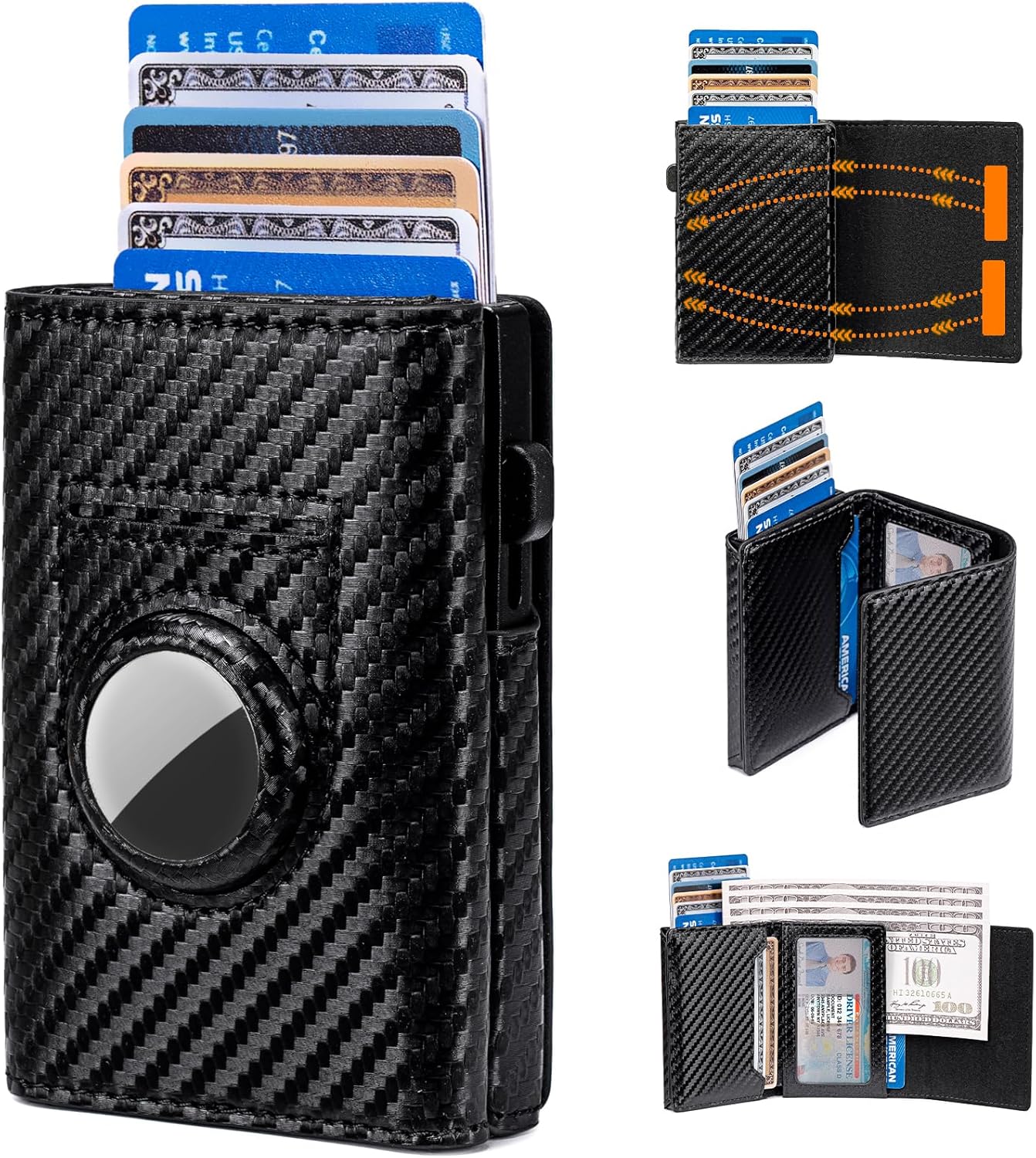 Men's RFID Blocking Smart Wallet Genuine Leather AirTag Compatible Pop-Up Card Case 9-14 Capacity with ID Window Brown (Carbon Fiber Black)