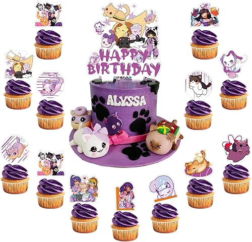 Miniatura 1 de Decoración para pastel de fiesta de cumpleaños de gato, 37 piezas de dibujos animados con temática de gato, suministros de fiesta de cumpleaños con