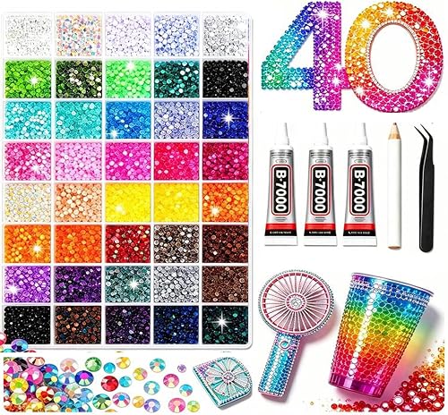 40000Pcs 40 Colors Resin Jelly Rhinestones for Bedazzling,3mm Multicolor Resin Flatback Gems for Diamond Art，Bedazzler Kit with 3Pcs 10ml B7000 Glue for DIY Crafting Clothing, Tumblers, Shoes