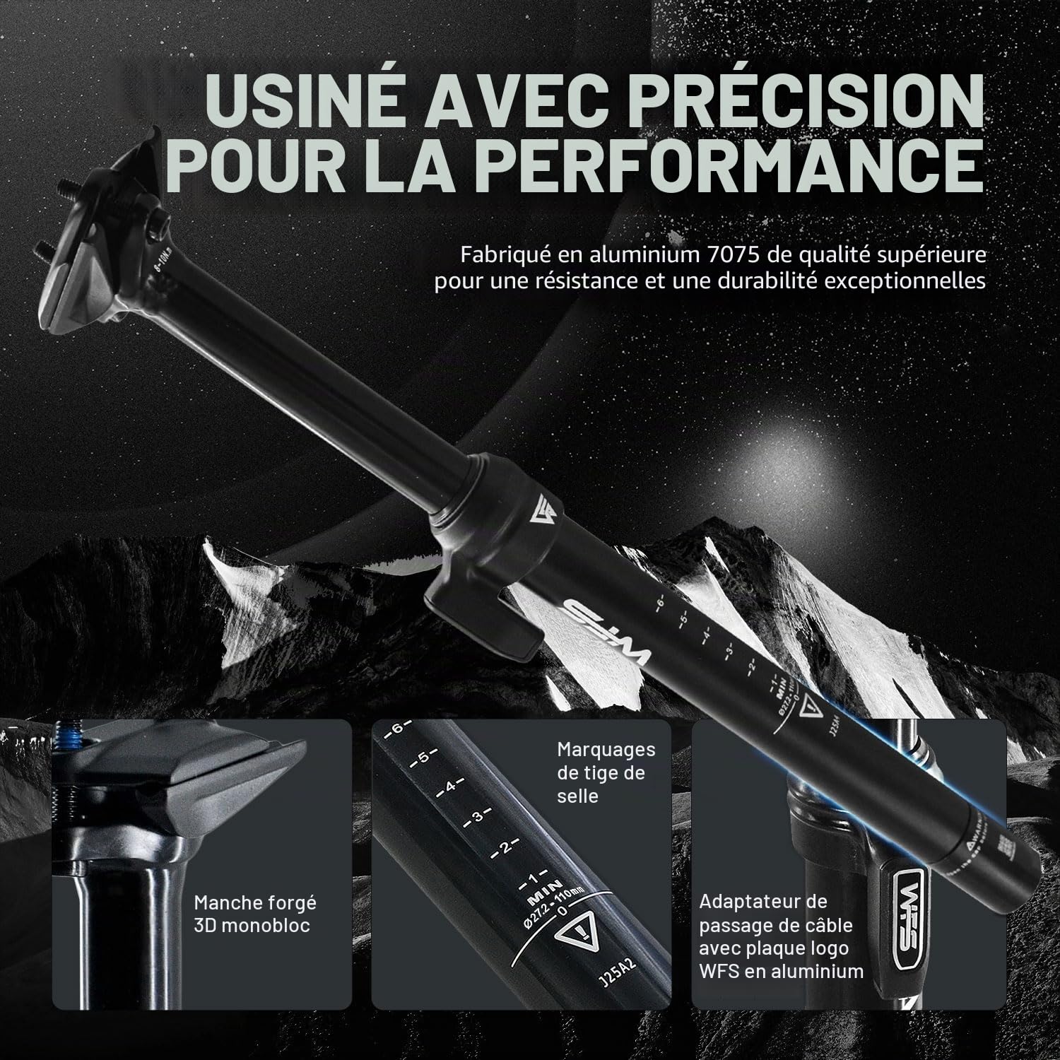 WFS Flex Tige de Selle Compte-Gouttes Externe pour VTT - 27.2mm Diamètre, 110mm Travel, 395mm Longueur, Noir, Comprend Levier et Câble Télécommande
