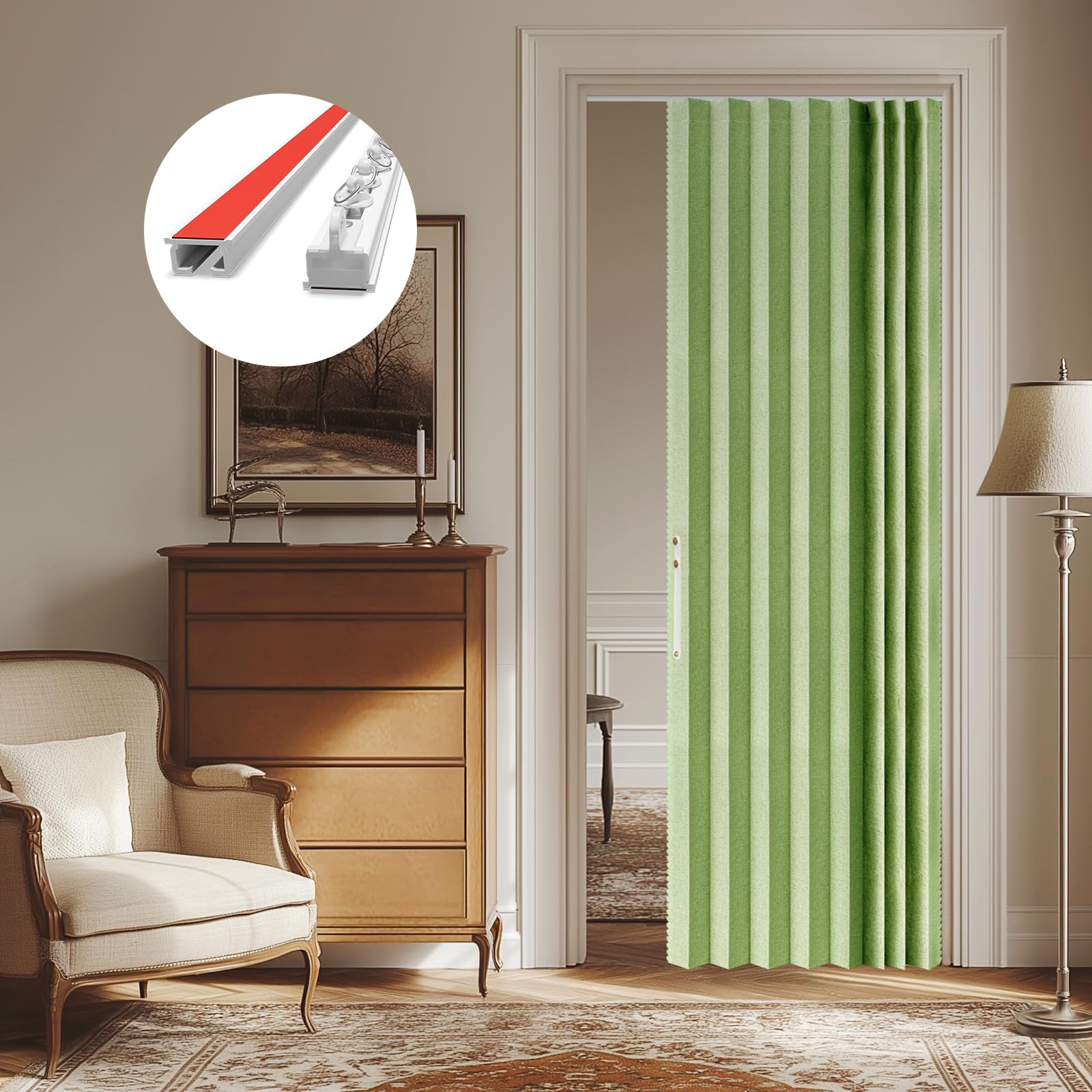 AJAZZ Accordion Closet Door with Adhesive Ceiling Curtain Track Doorway Curtains 100% Blackout Room divider Curtains 43 x 79 Inch Green Set