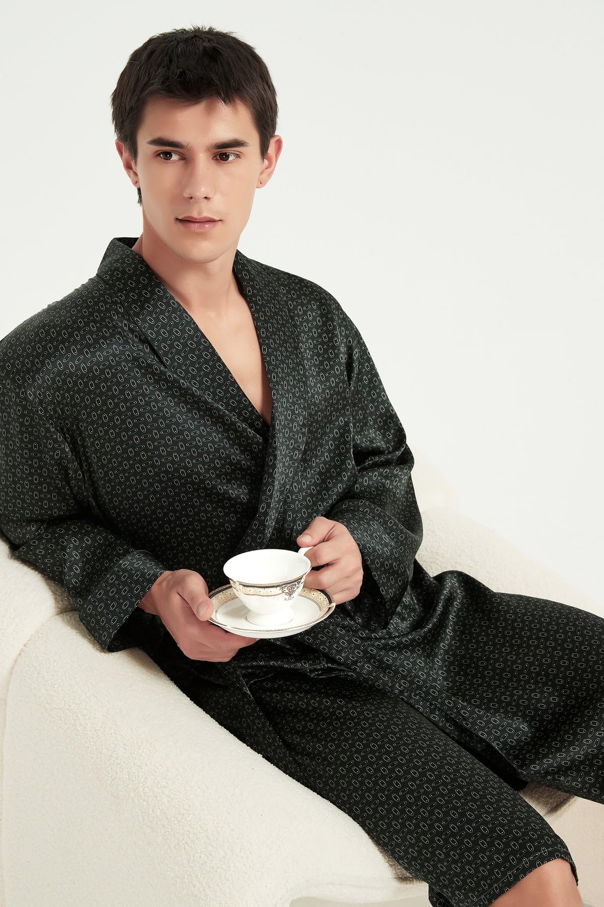 Ginell Peignoir long kimono pour homme, 100% soie de mûrier, imprimé cachemire, soie épaisse 19 mommes