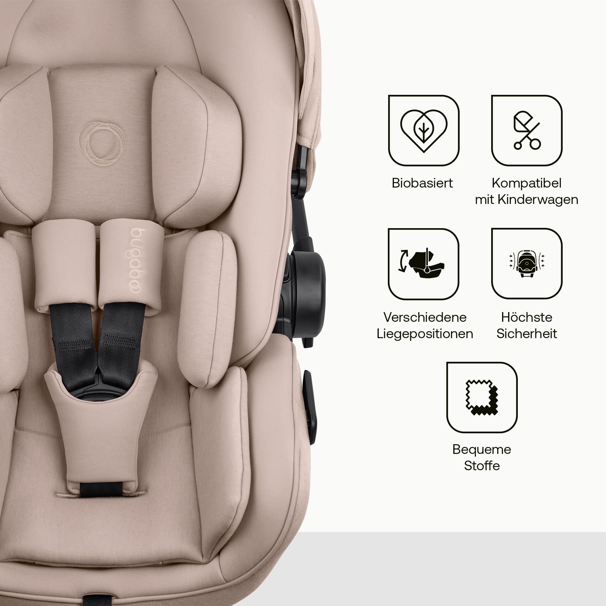 Bugaboo Otter by Nuna, i-Size Babyschale ab Geburt, flache Liegeposition | UPF 50+ Sonnenverdeck und Memory-Schaum, kompatibel mit 360 Grad Isofix-Basis, von 0–15 Monaten, Desert Taupe Melange