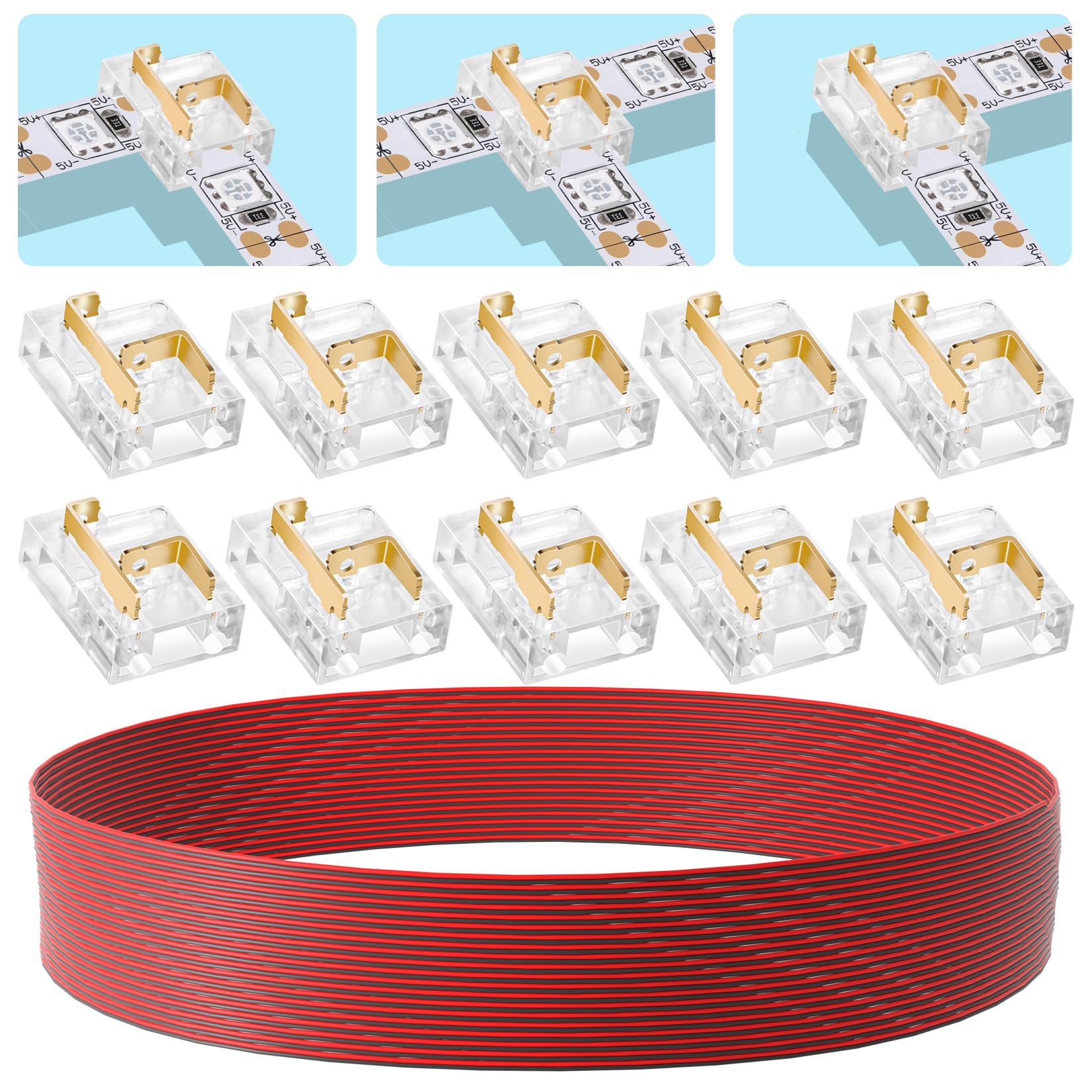 Lygkj Transparent Led Connector 10Pcs Cob Smd 2 Pin 10Mm Corner Connector Kit 20M 22Awg Extension Cable For Split Free Soldering And Led Strip Light Connectors (Smd/Cob 2Pin 10Mm)