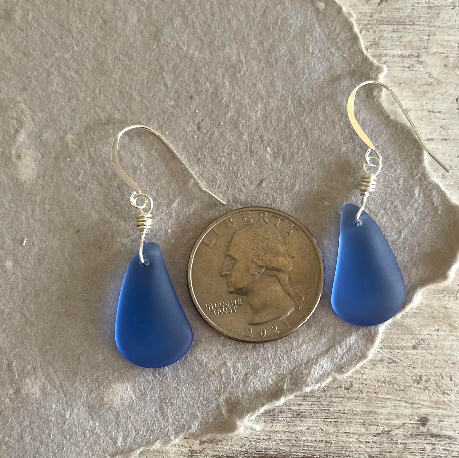 Sapphire Blue Sea Glass Earrings with Sterling Silver Hooks, Beachy Ocean Jewelry Gift for Women, Handmade by Beach Soul