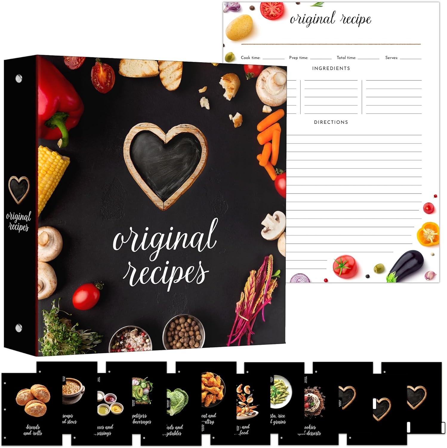 Recipe Binder, 3 Ring Recipe Book with dividers, Plastic Sleeves and Pages, Kitchen Conversions Inside, Modern Black Design with Vegetables, Gift for Home Cooks and Chefs