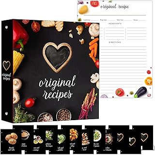 Recipe Binder, 3 Ring Recipe Book with dividers, Plastic Sleeves and Pages, Kitchen Conversions Inside, Modern Black Design with Vegetables, Gift for Home Cooks and Chefs