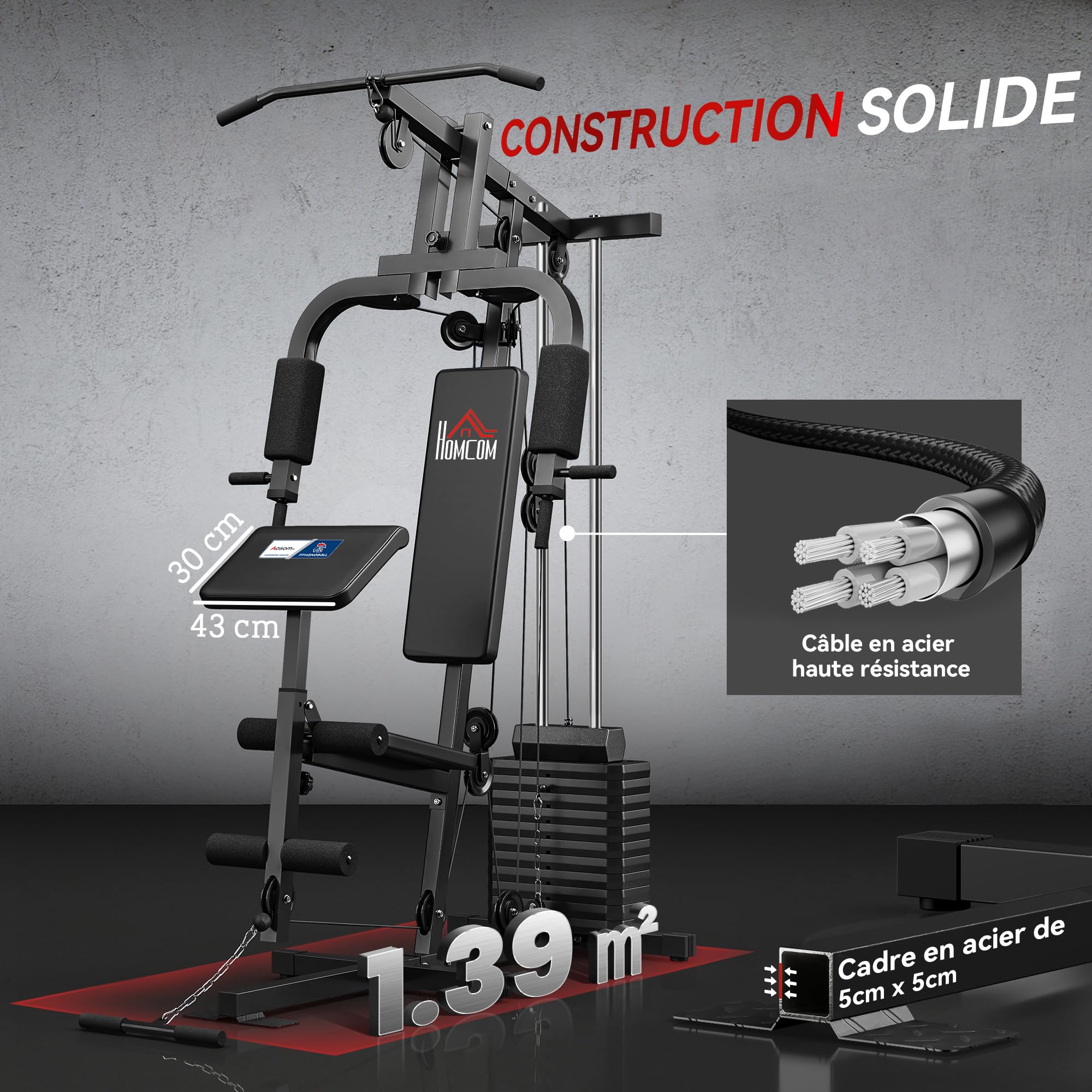 HOMCOM Station de Musculation Fitness - Collaboration Aosom.FR x FFHandball - avec 12 Blocs de Poids de 5,5 kg entraînement Complet - 135 x 103 x 210 cm