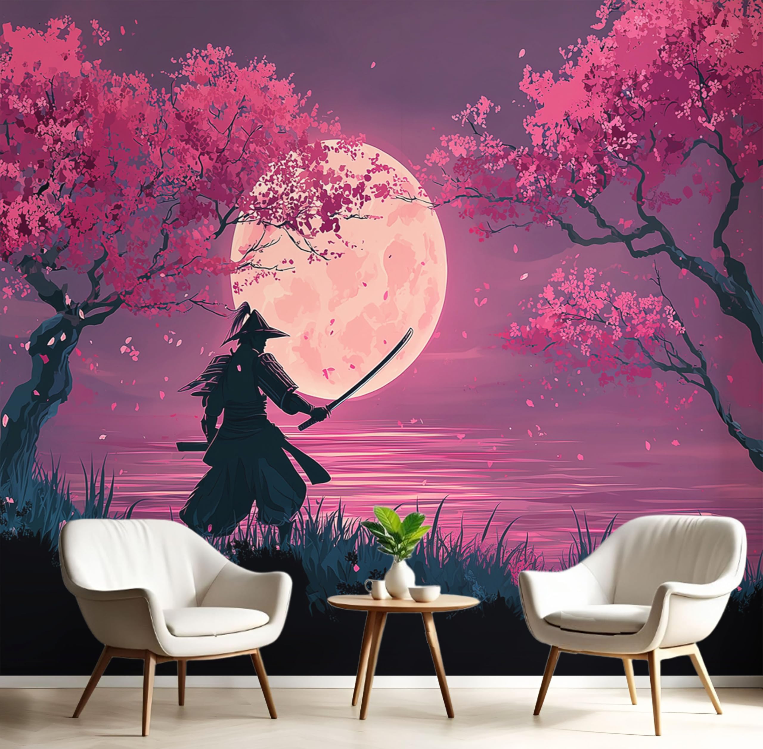 Papier peint ciel lunaire samouraï panoramique 400x280cm en soie