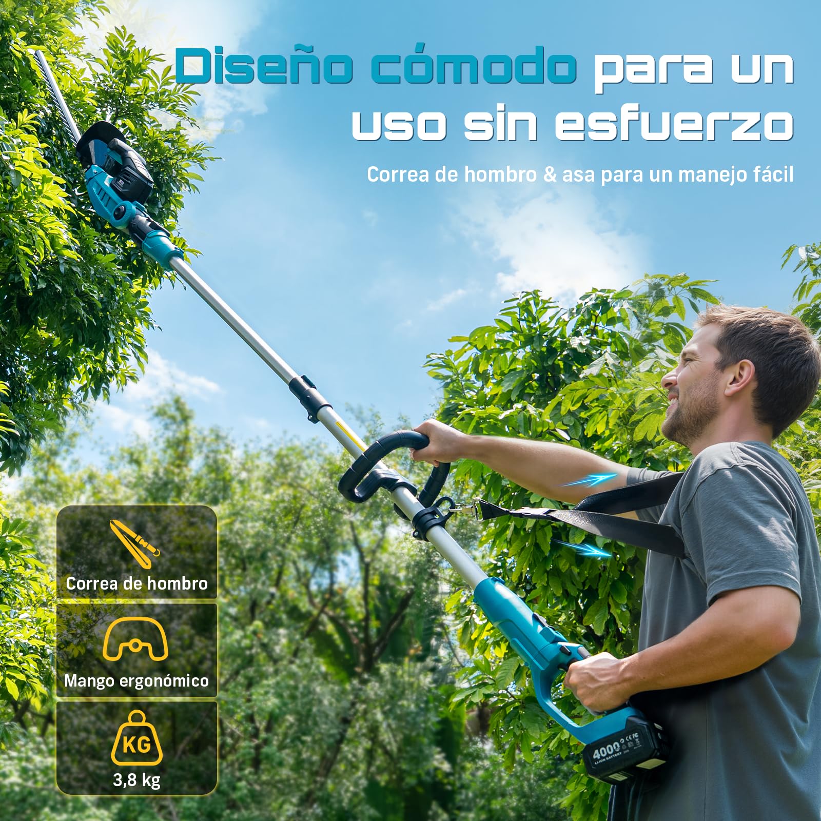 SEESII Cortasetos a Batería 2 en 1, Cortasetos Telescópico con Hoja Doble de 53 cm, Alcance Máximo de 2,6 m, Capacidad de Corte de 18 mm, 2 Baterías de 4,0 Ah, Ideal para Árboles y Arbustos del Jardín